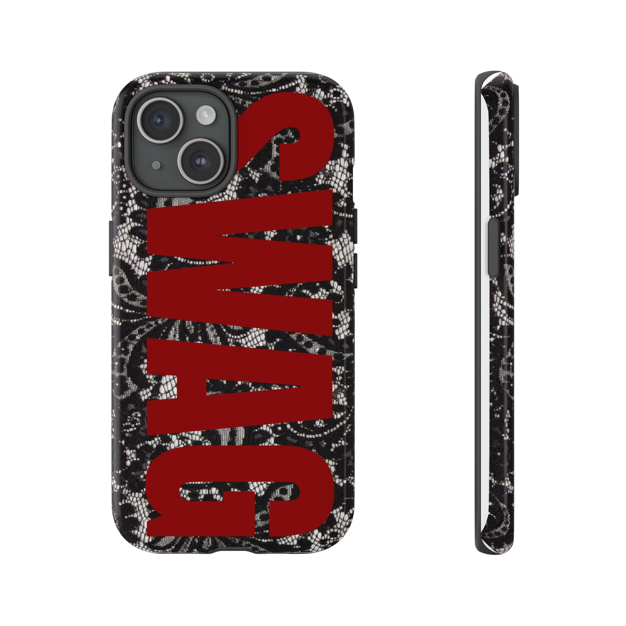 Phone Case — Black Lace Pattern with Bold Red SWAG Text