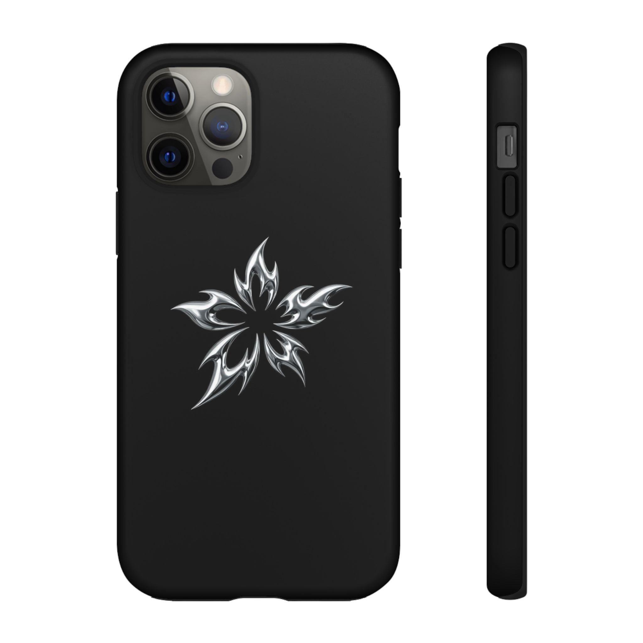 Black Tough Phone Case with White Tribal Floral Star Design