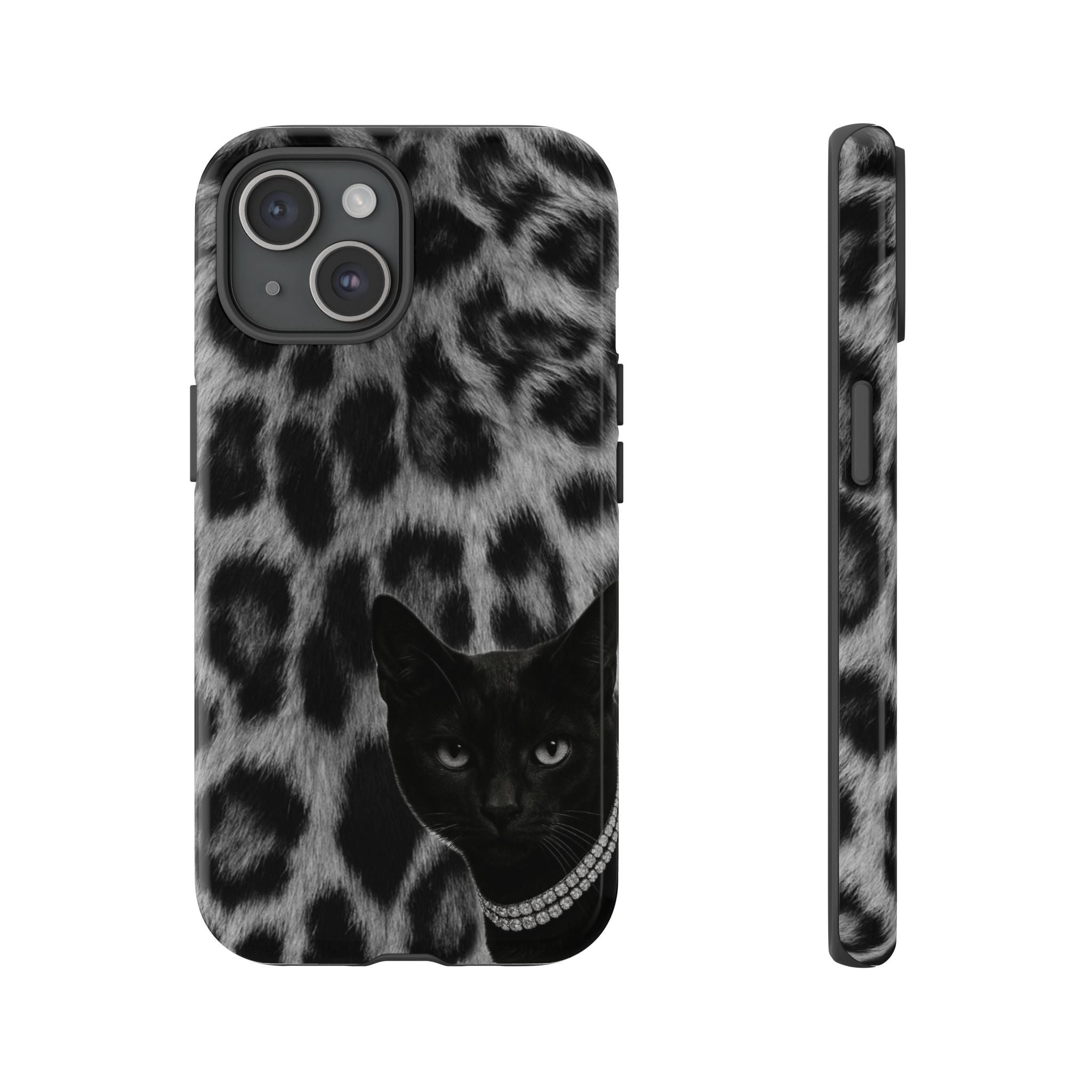 Cat Leopard Phone Case — Black Cat with Pearl Necklace, Chic Animal Print Protective Cover