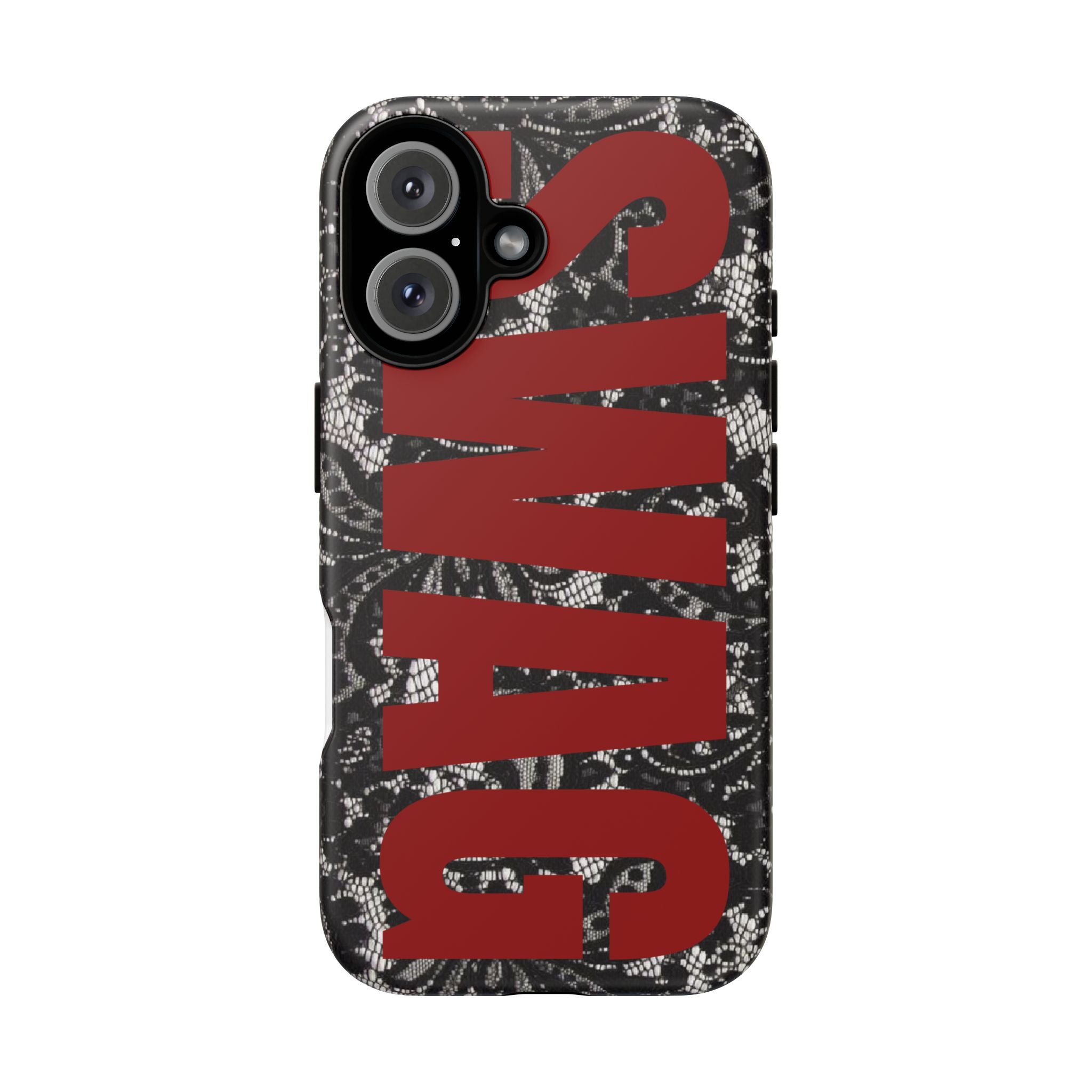 Phone Case — Black Lace Pattern with Bold Red SWAG Text
