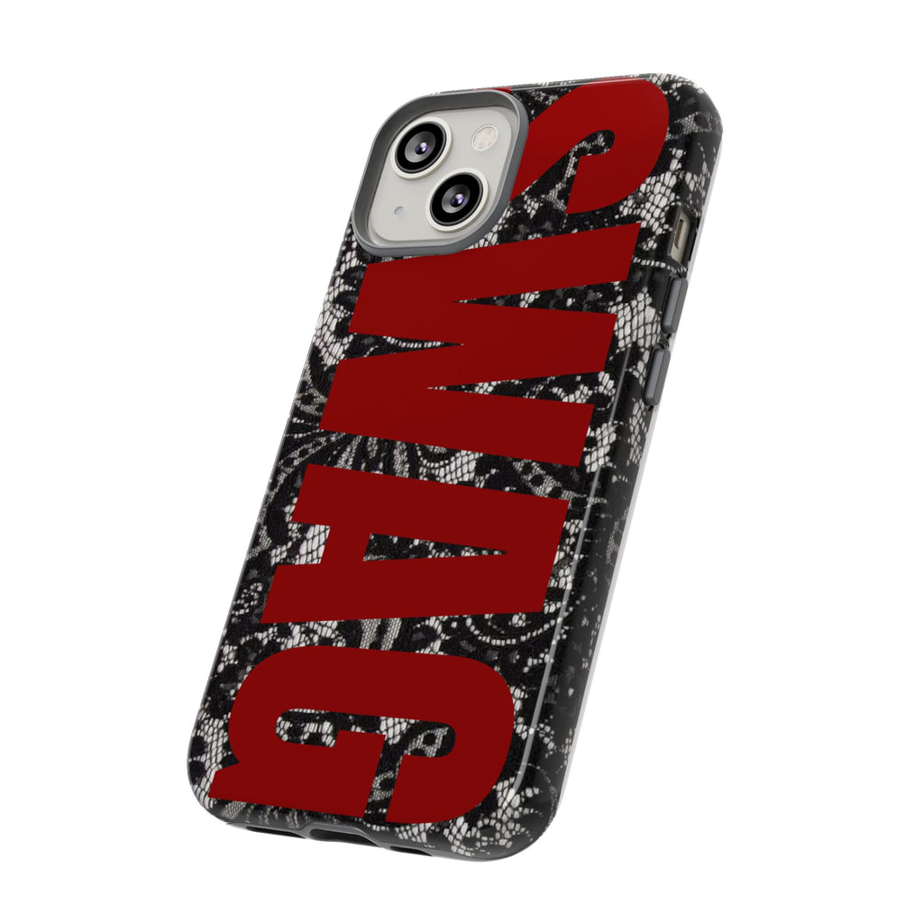Phone Case — Black Lace Pattern with Bold Red SWAG Text