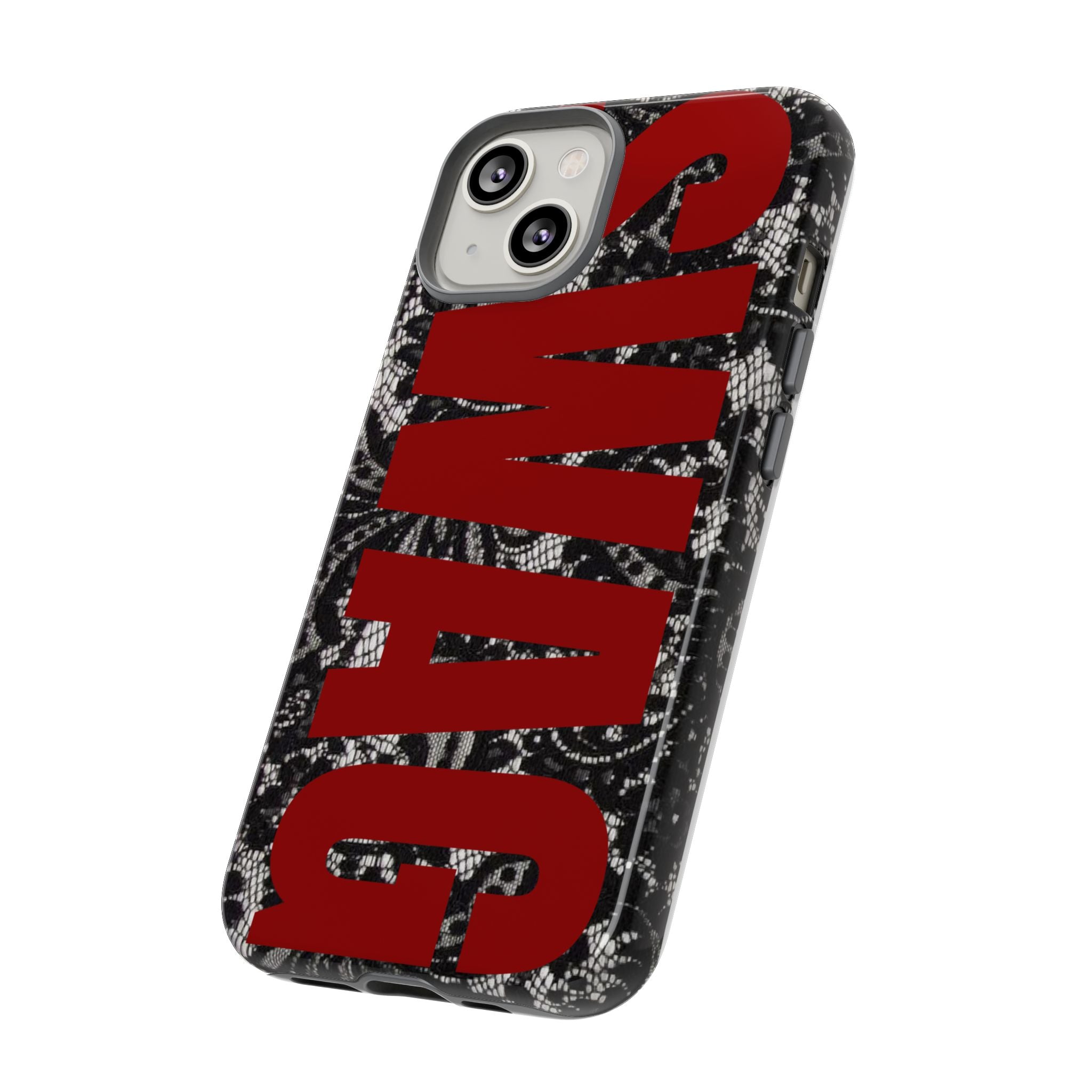 Phone Case — Black Lace Pattern with Bold Red SWAG Text
