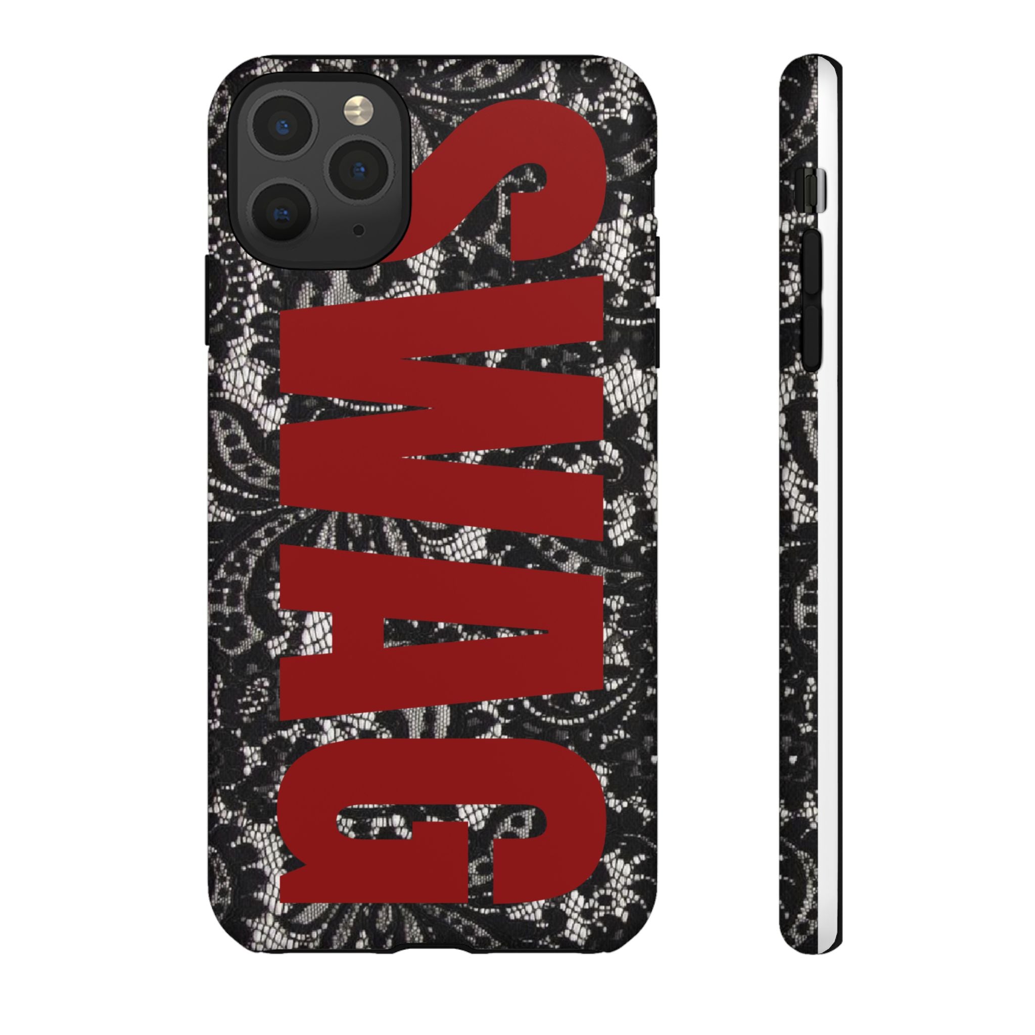 Phone Case — Black Lace Pattern with Bold Red SWAG Text