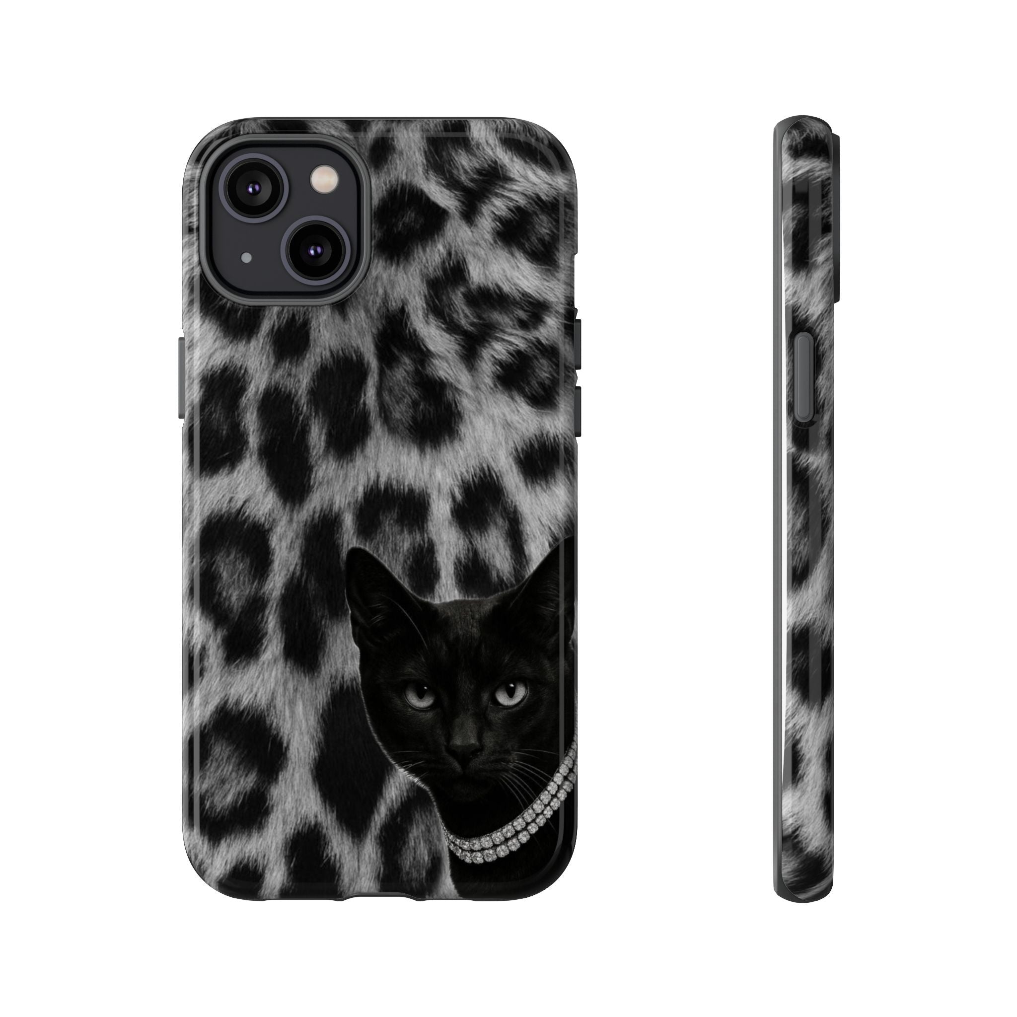 Cat Leopard Phone Case — Black Cat with Pearl Necklace, Chic Animal Print Protective Cover