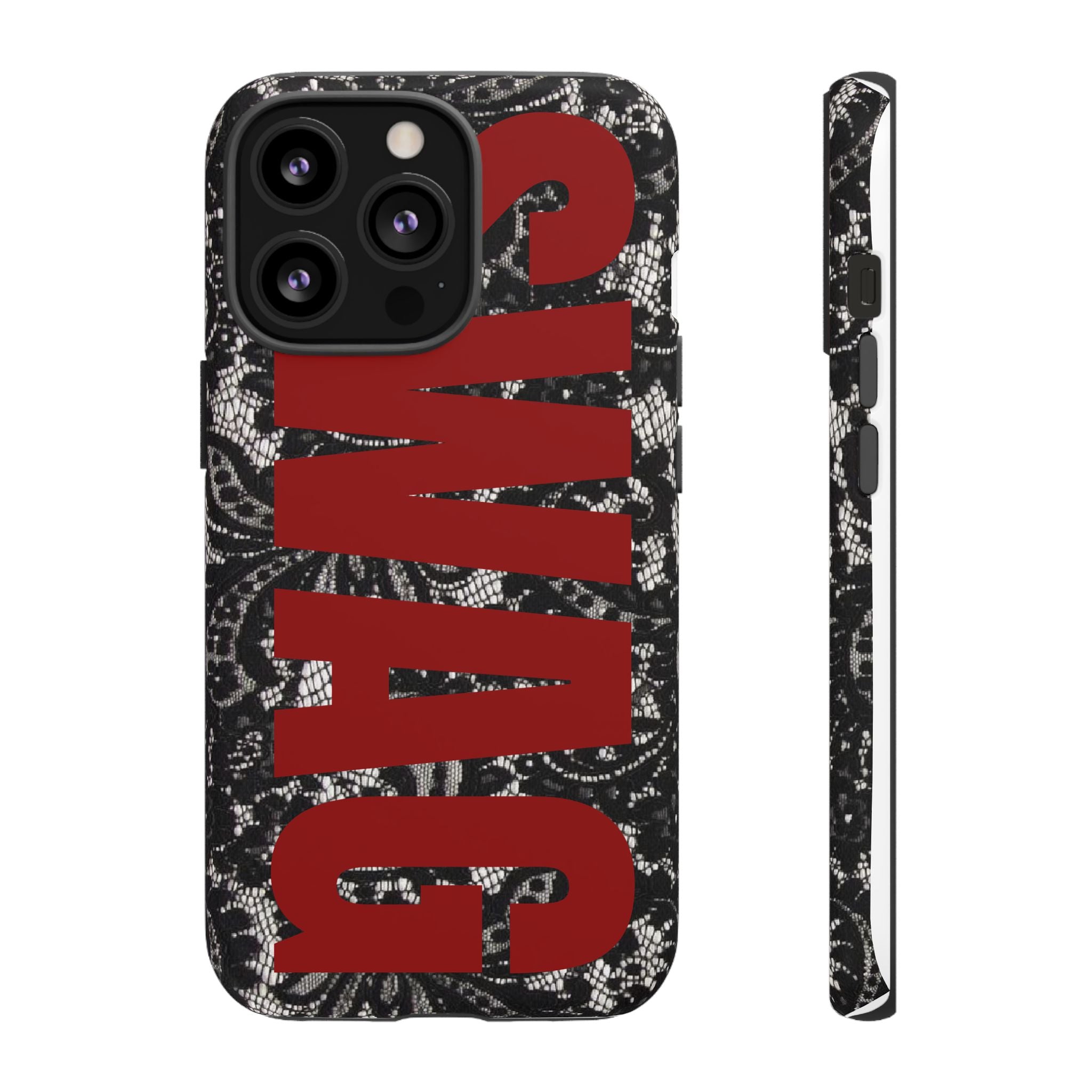 Phone Case — Black Lace Pattern with Bold Red SWAG Text
