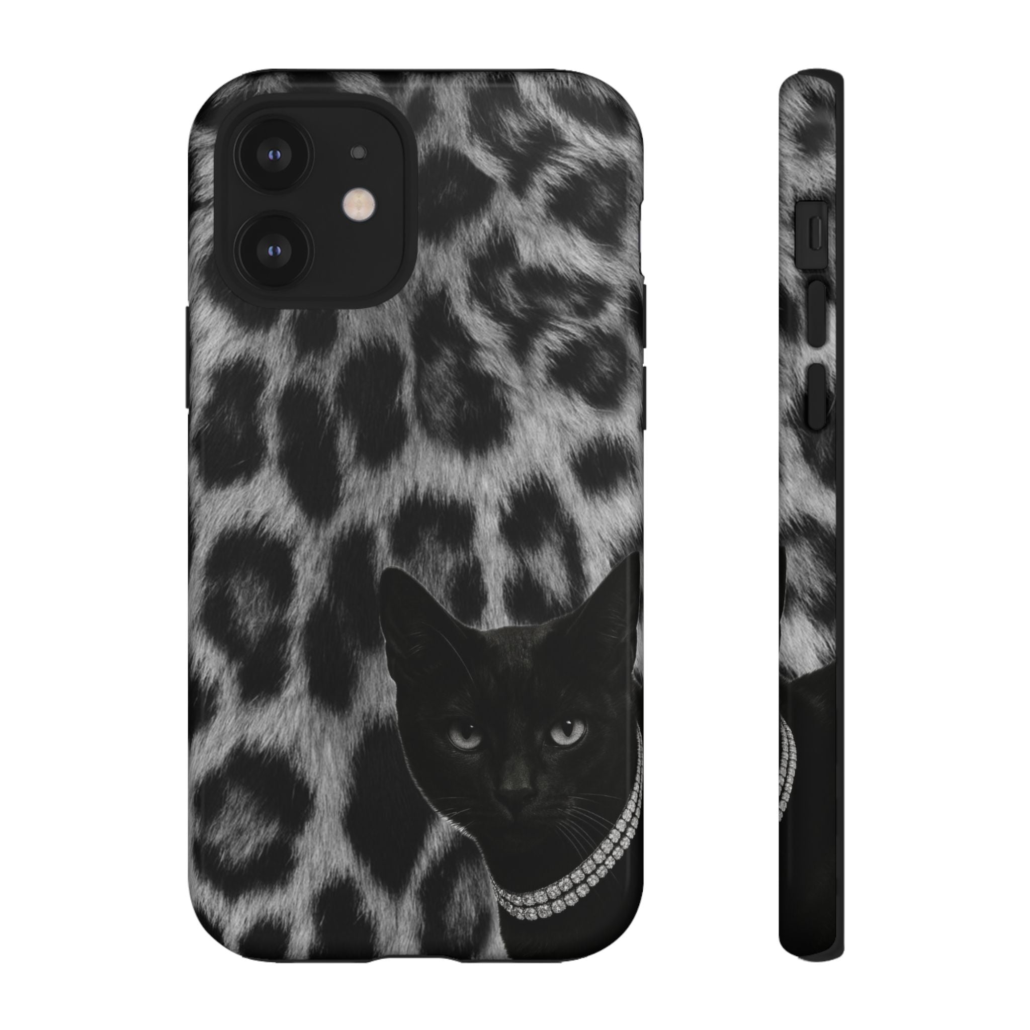 Cat Leopard Phone Case — Black Cat with Pearl Necklace, Chic Animal Print Protective Cover