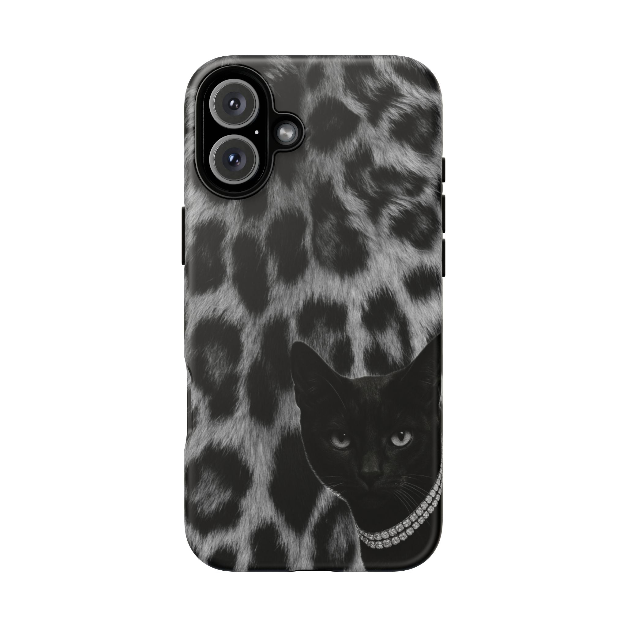 Cat Leopard Phone Case — Black Cat with Pearl Necklace, Chic Animal Print Protective Cover