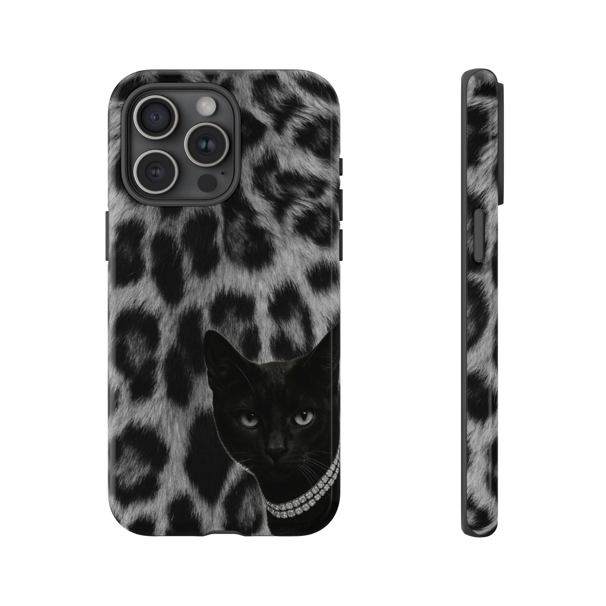 Cat Leopard Phone Case — Black Cat with Pearl Necklace, Chic Animal Print Protective Cover