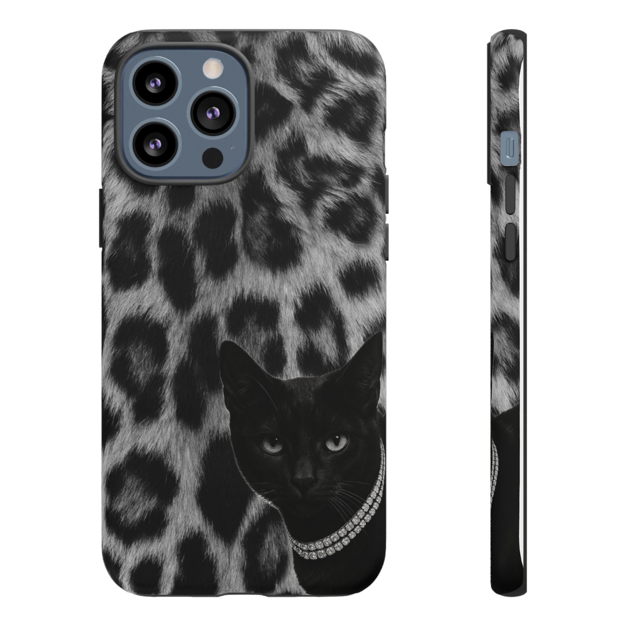 Cat Leopard Phone Case — Black Cat with Pearl Necklace, Chic Animal Print Protective Cover
