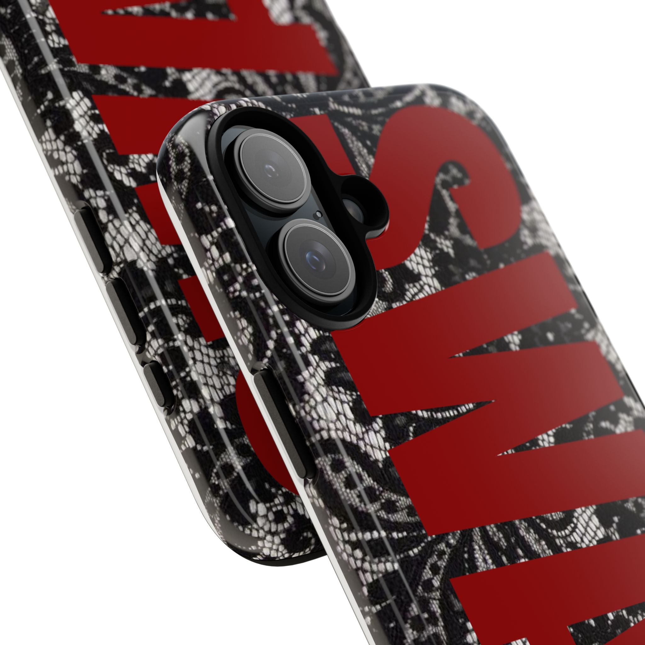 Phone Case — Black Lace Pattern with Bold Red SWAG Text