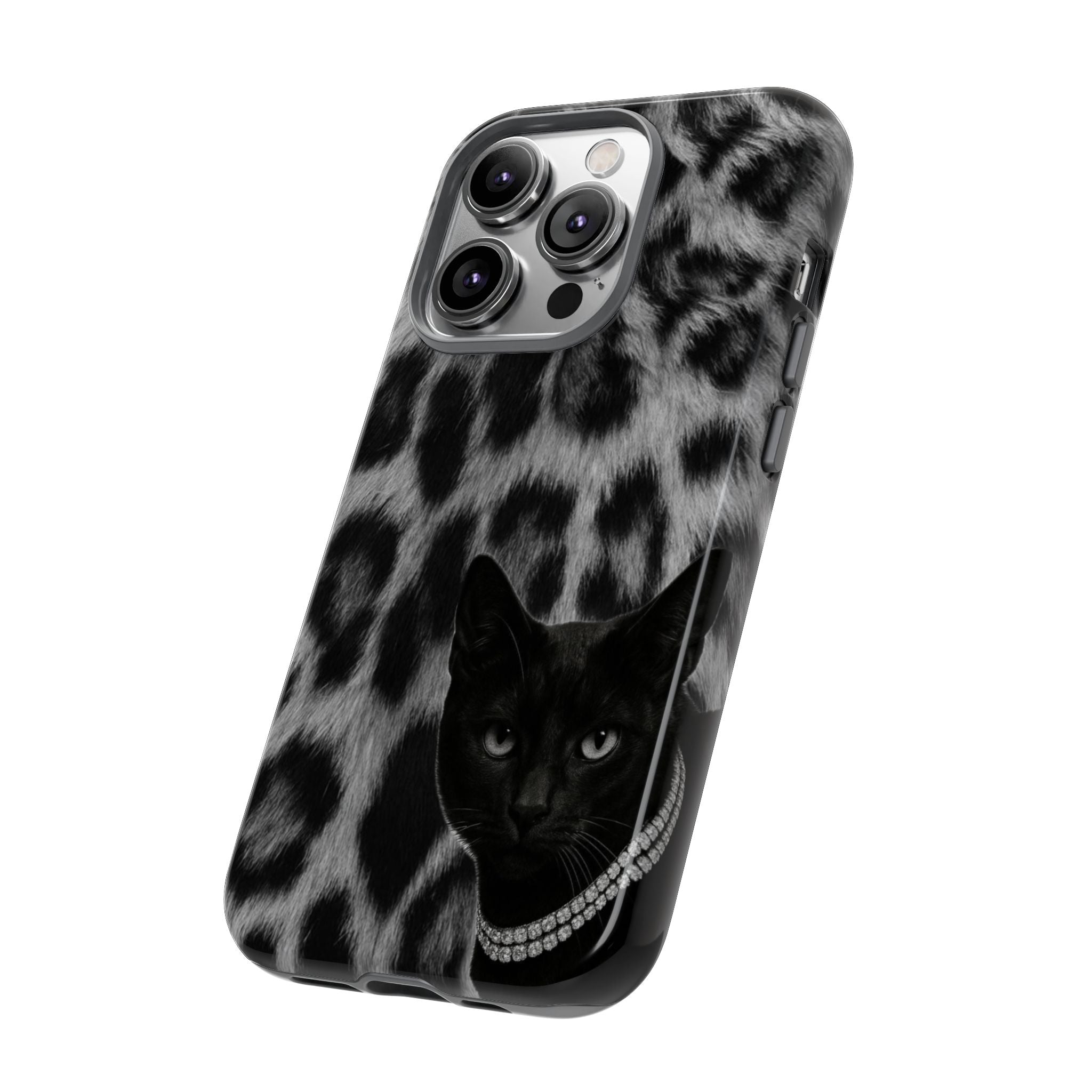 Cat Leopard Phone Case — Black Cat with Pearl Necklace, Chic Animal Print Protective Cover