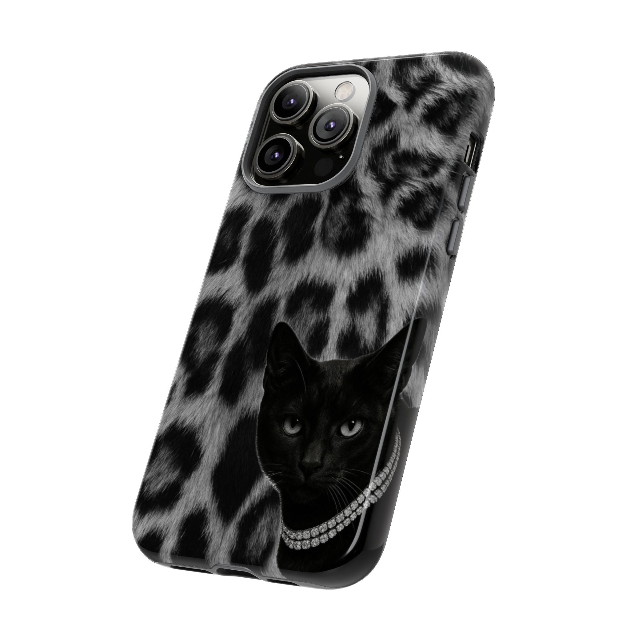 Cat Leopard Phone Case — Black Cat with Pearl Necklace, Chic Animal Print Protective Cover