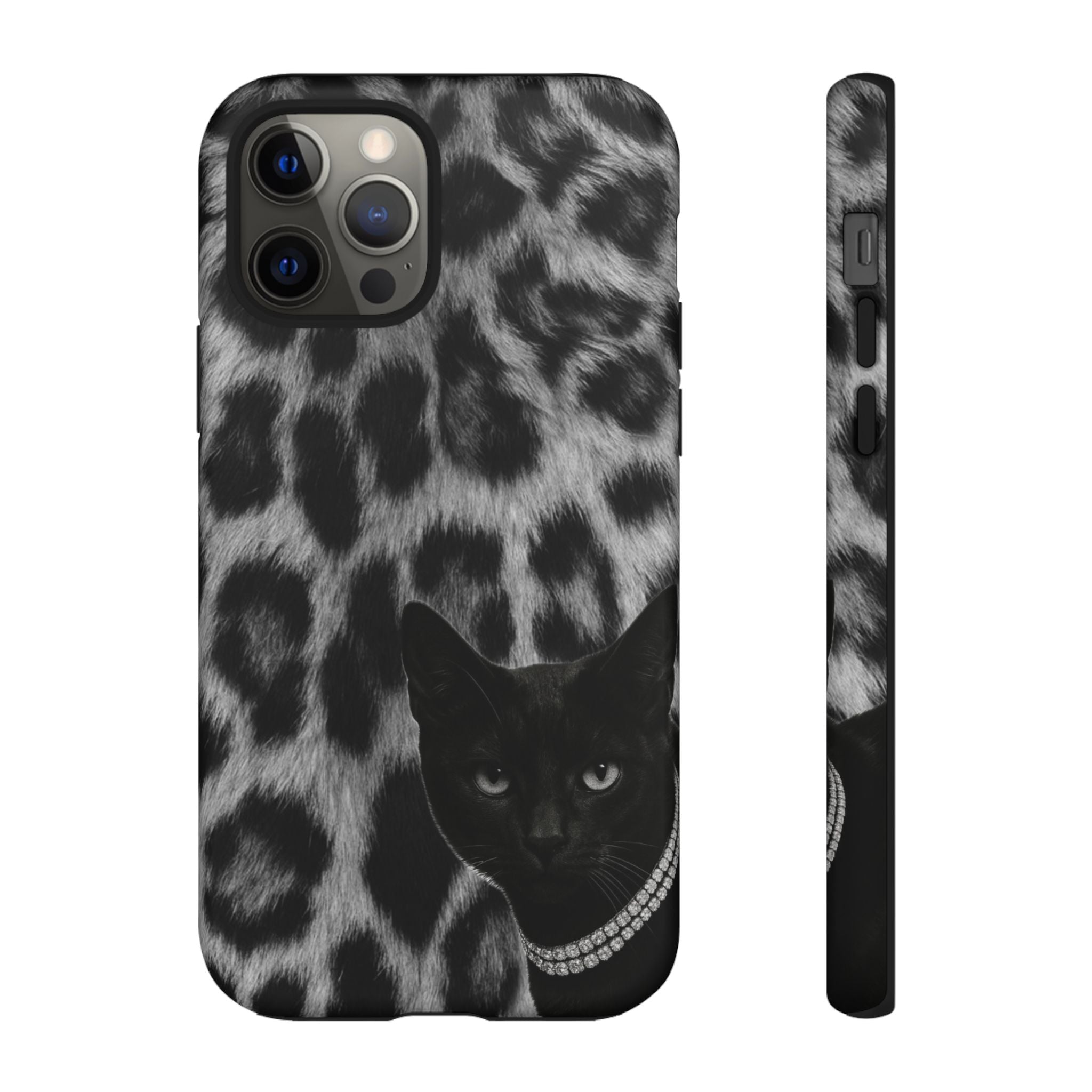 Cat Leopard Phone Case — Black Cat with Pearl Necklace, Chic Animal Print Protective Cover