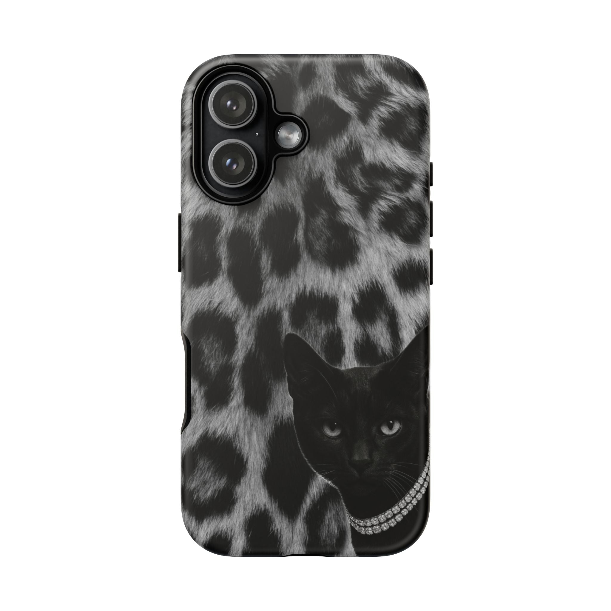 Cat Leopard Phone Case — Black Cat with Pearl Necklace, Chic Animal Print Protective Cover