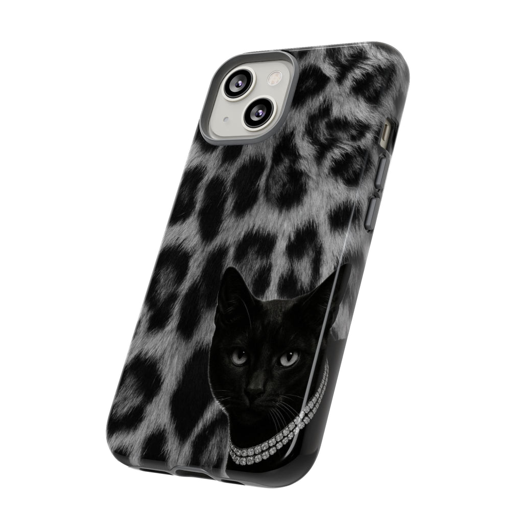 Cat Leopard Phone Case — Black Cat with Pearl Necklace, Chic Animal Print Protective Cover