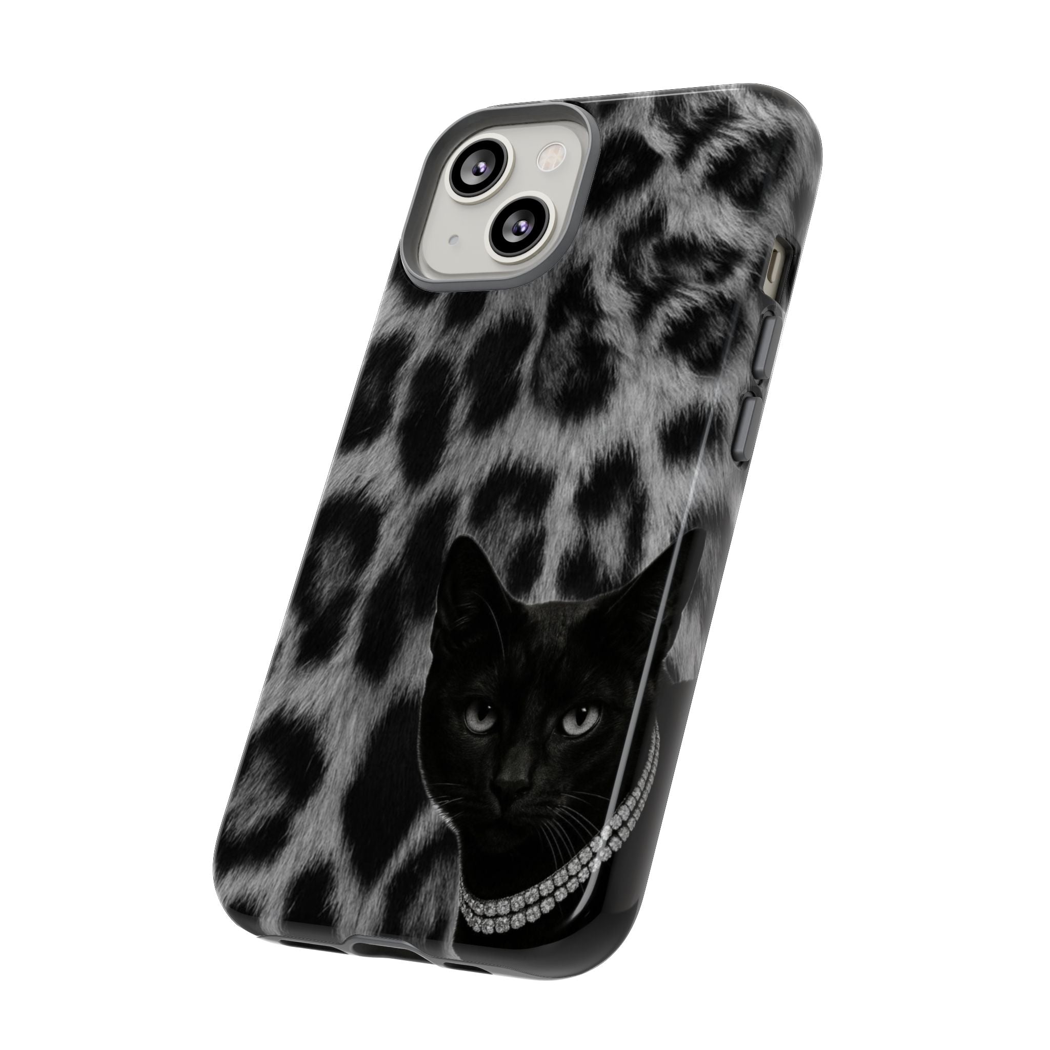 Cat Leopard Phone Case — Black Cat with Pearl Necklace, Chic Animal Print Protective Cover