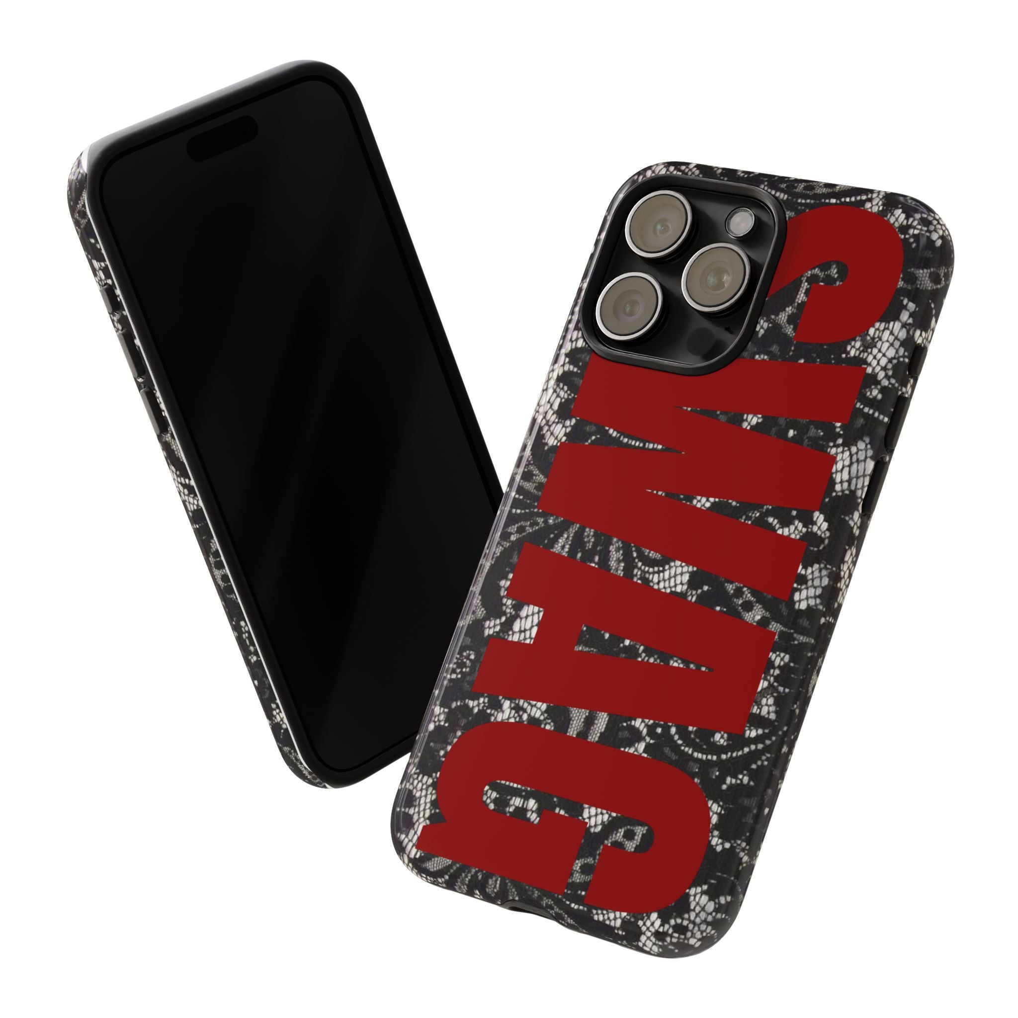 Phone Case — Black Lace Pattern with Bold Red SWAG Text