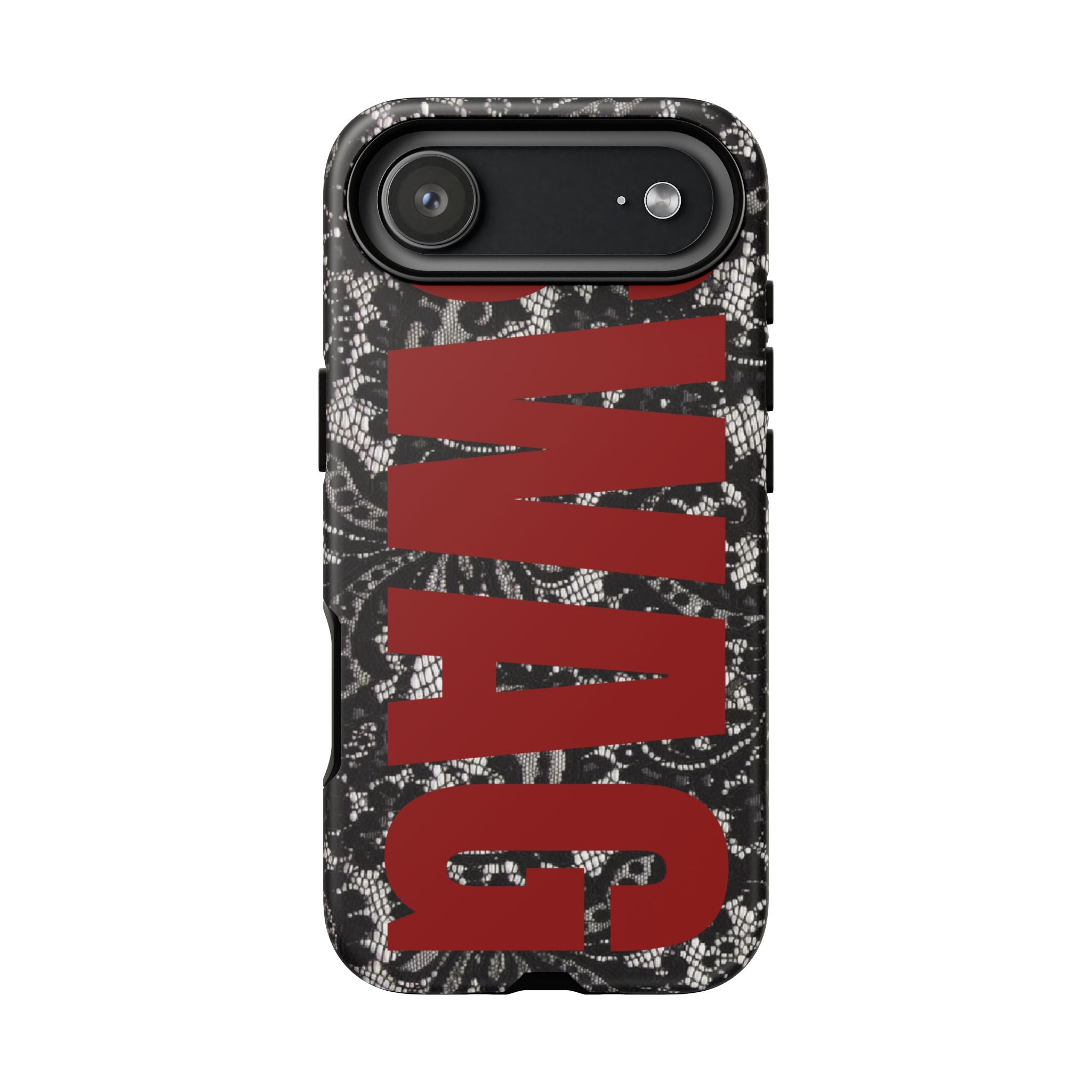 Phone Case — Black Lace Pattern with Bold Red SWAG Text