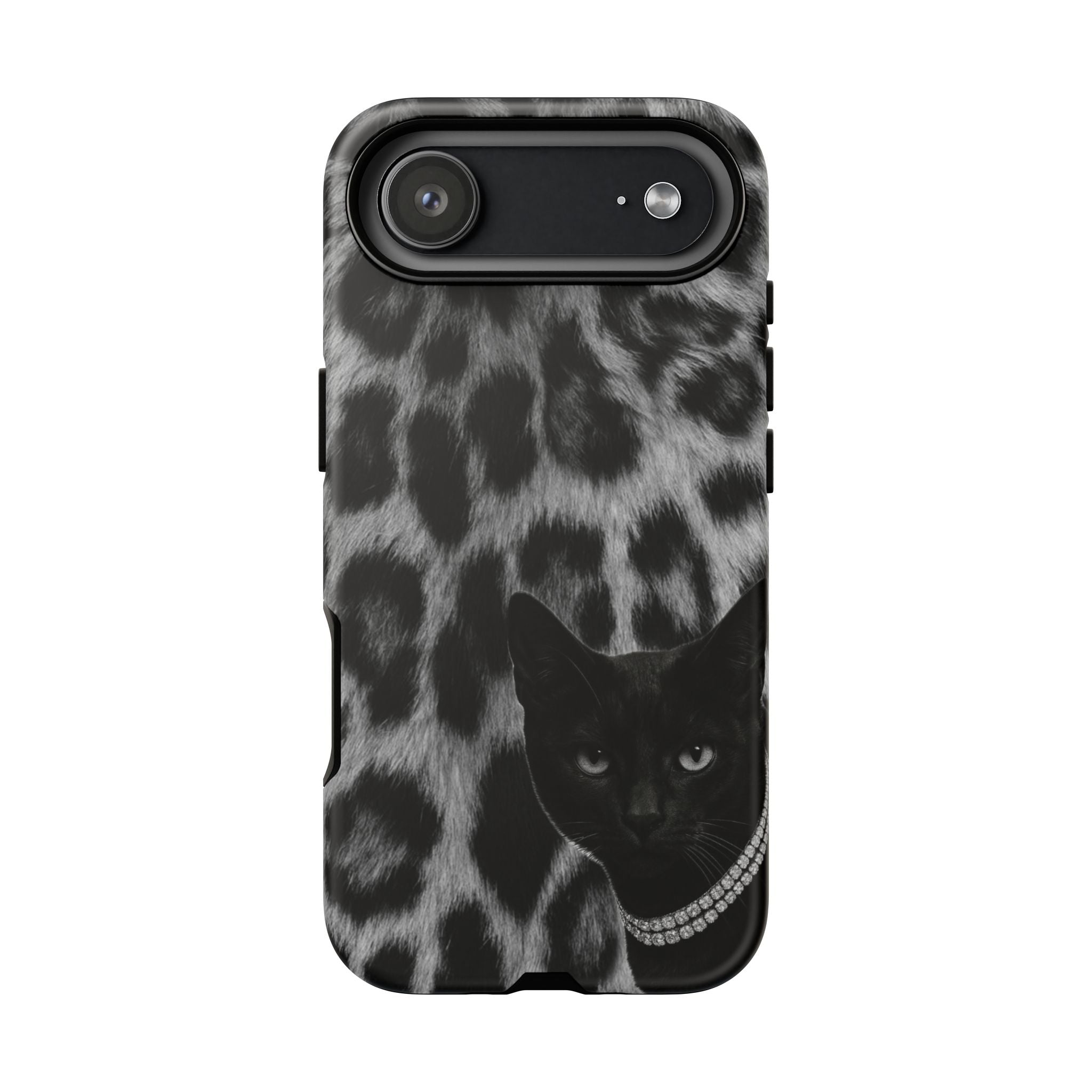 Cat Leopard Phone Case — Black Cat with Pearl Necklace, Chic Animal Print Protective Cover