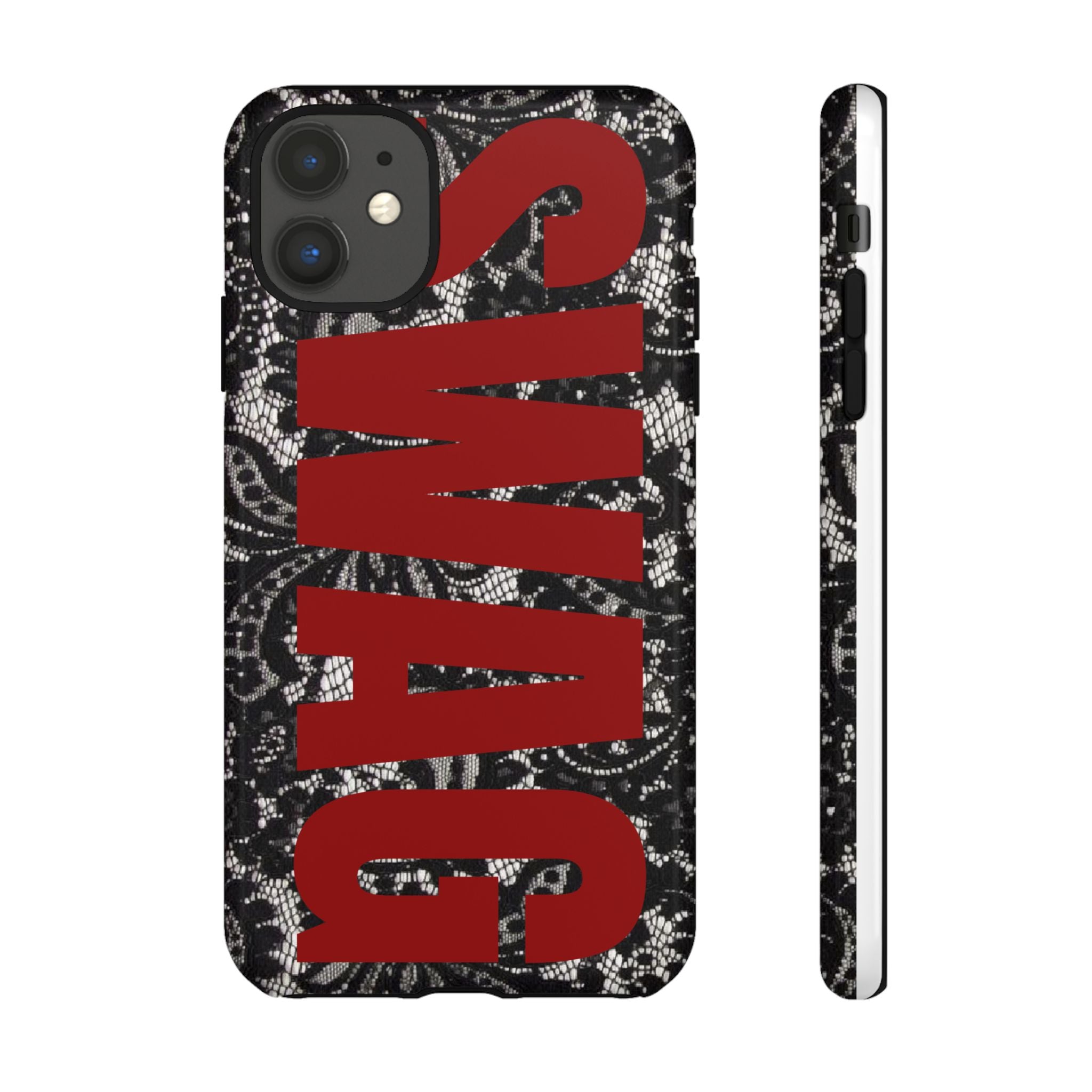 Phone Case — Black Lace Pattern with Bold Red SWAG Text