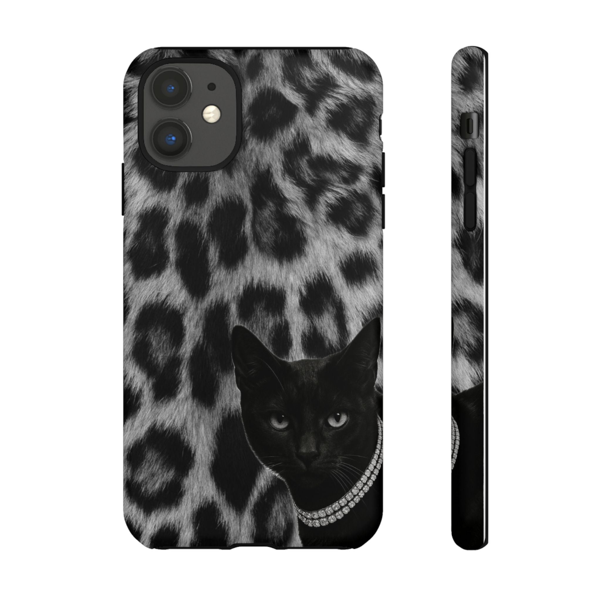 Cat Leopard Phone Case — Black Cat with Pearl Necklace, Chic Animal Print Protective Cover