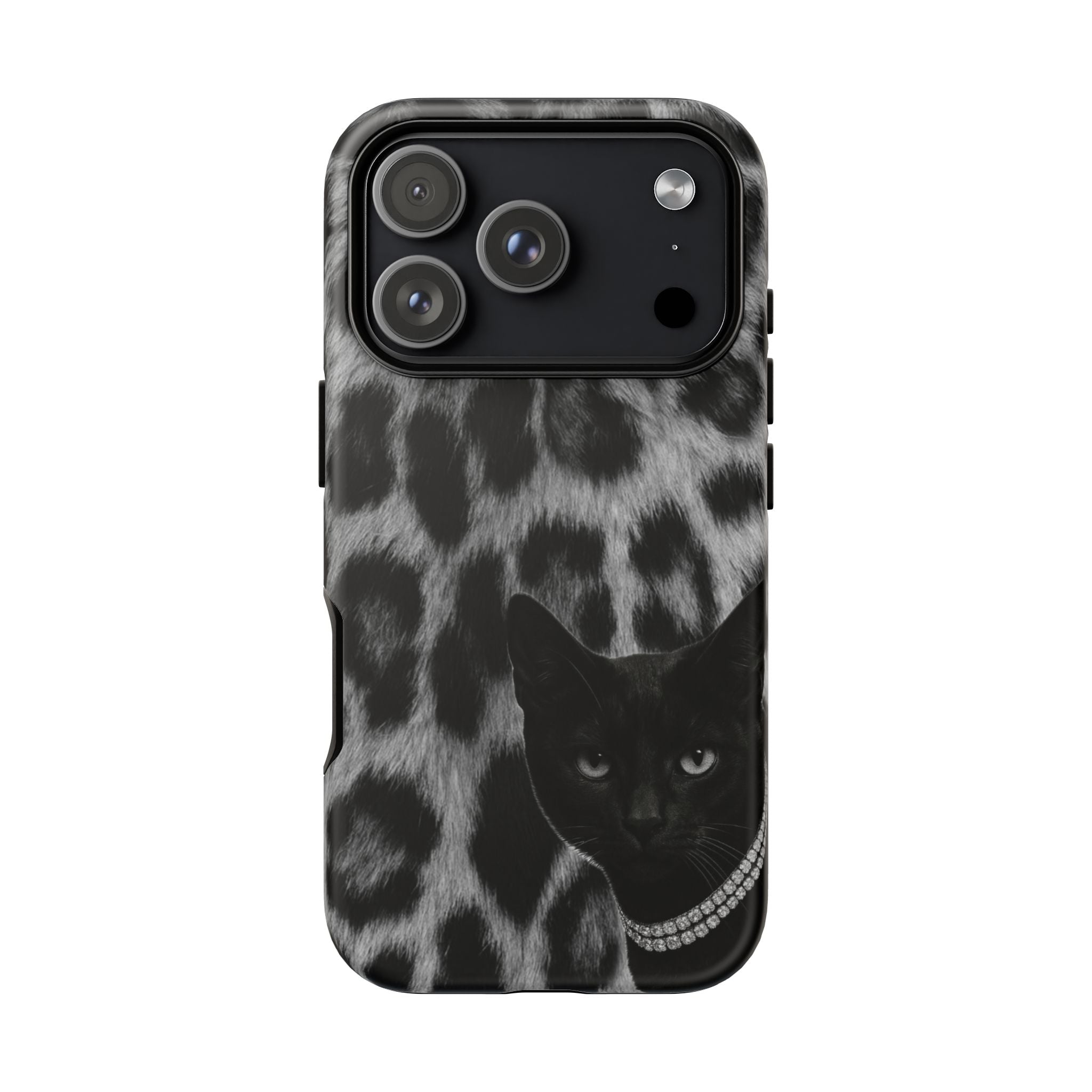 Cat Leopard Phone Case — Black Cat with Pearl Necklace, Chic Animal Print Protective Cover