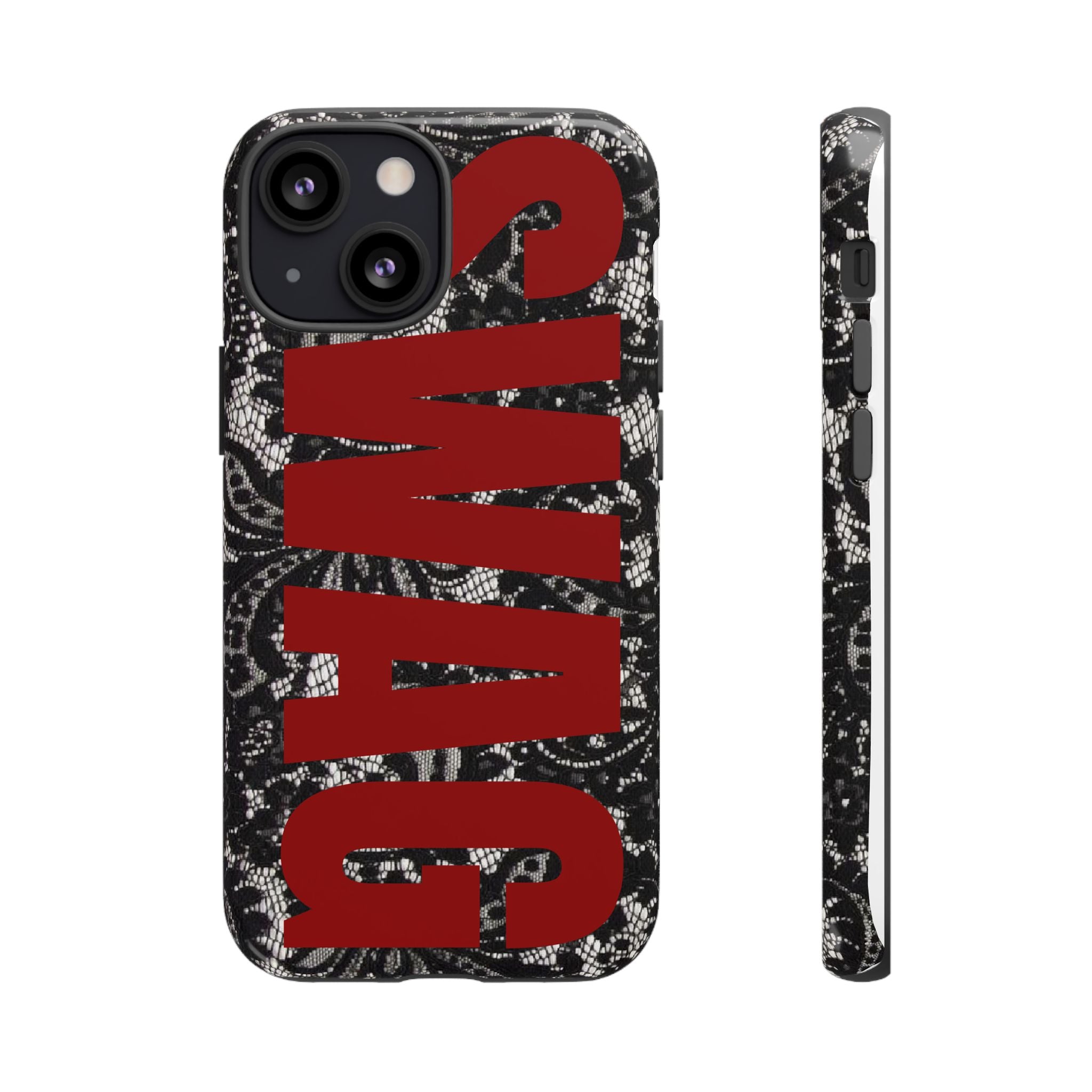 Phone Case — Black Lace Pattern with Bold Red SWAG Text