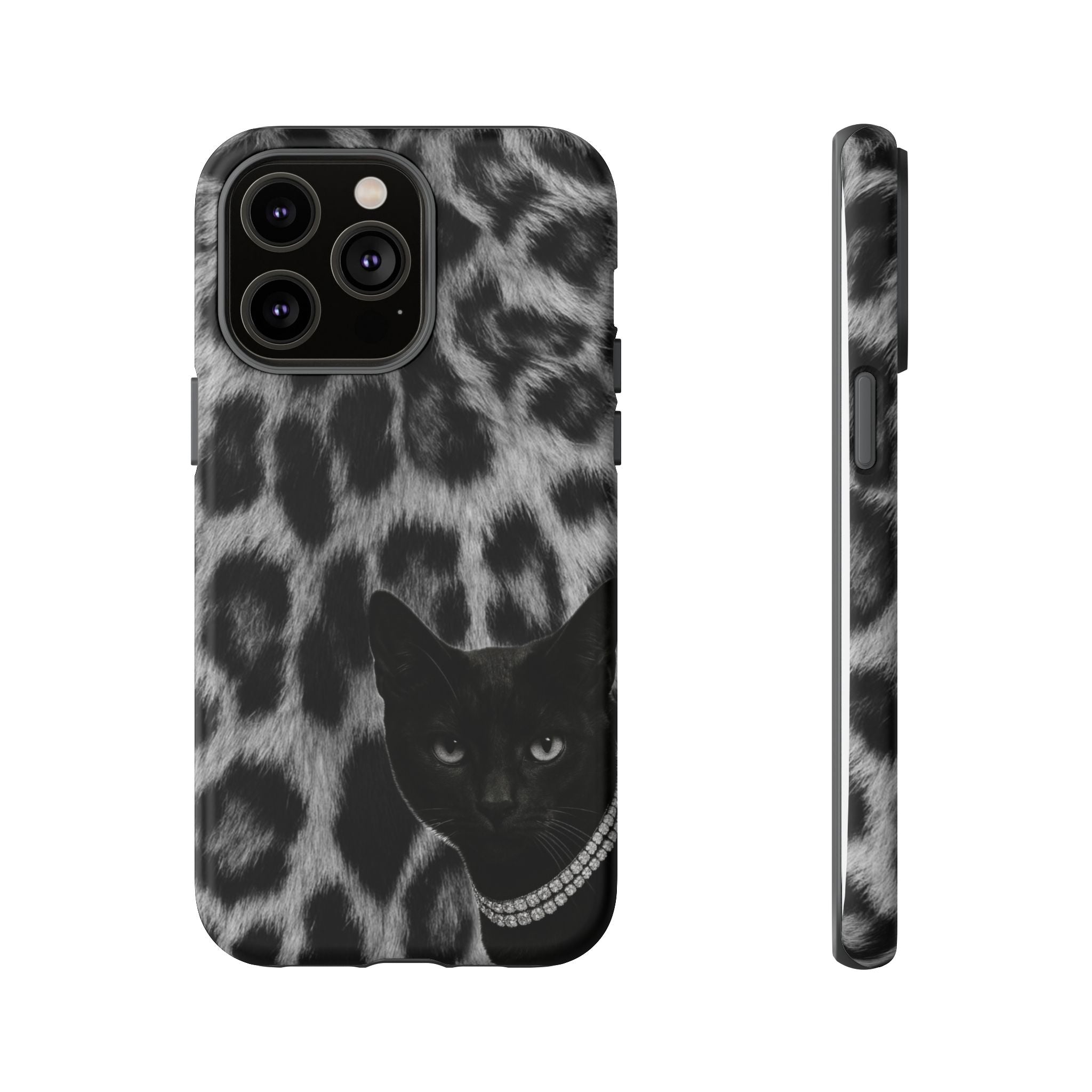 Cat Leopard Phone Case — Black Cat with Pearl Necklace, Chic Animal Print Protective Cover