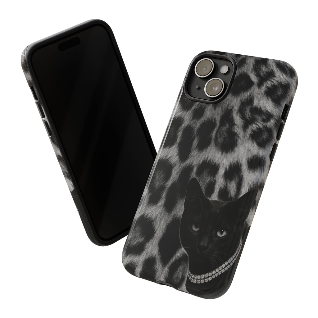 Cat Leopard Phone Case — Black Cat with Pearl Necklace, Chic Animal Print Protective Cover