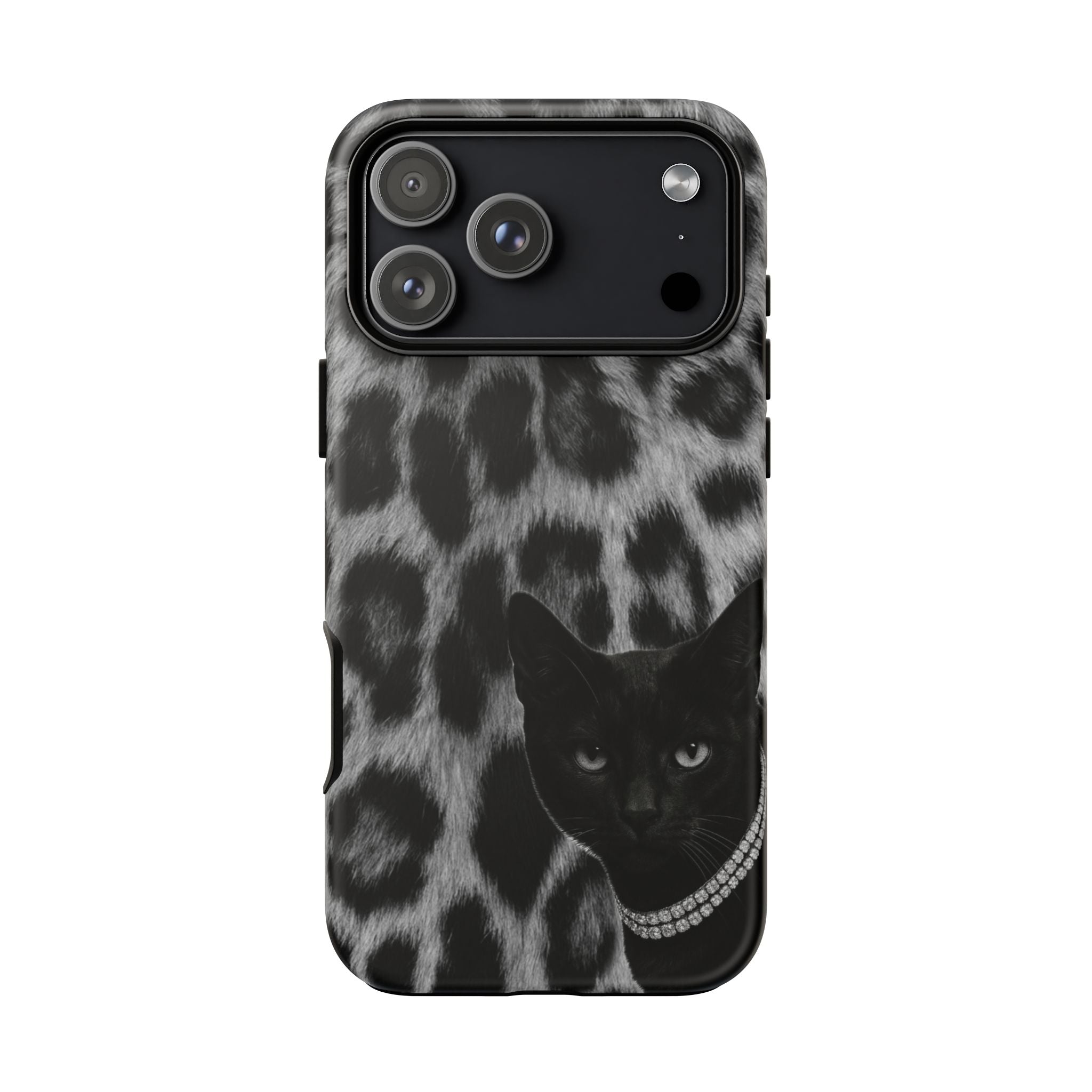 Cat Leopard Phone Case — Black Cat with Pearl Necklace, Chic Animal Print Protective Cover