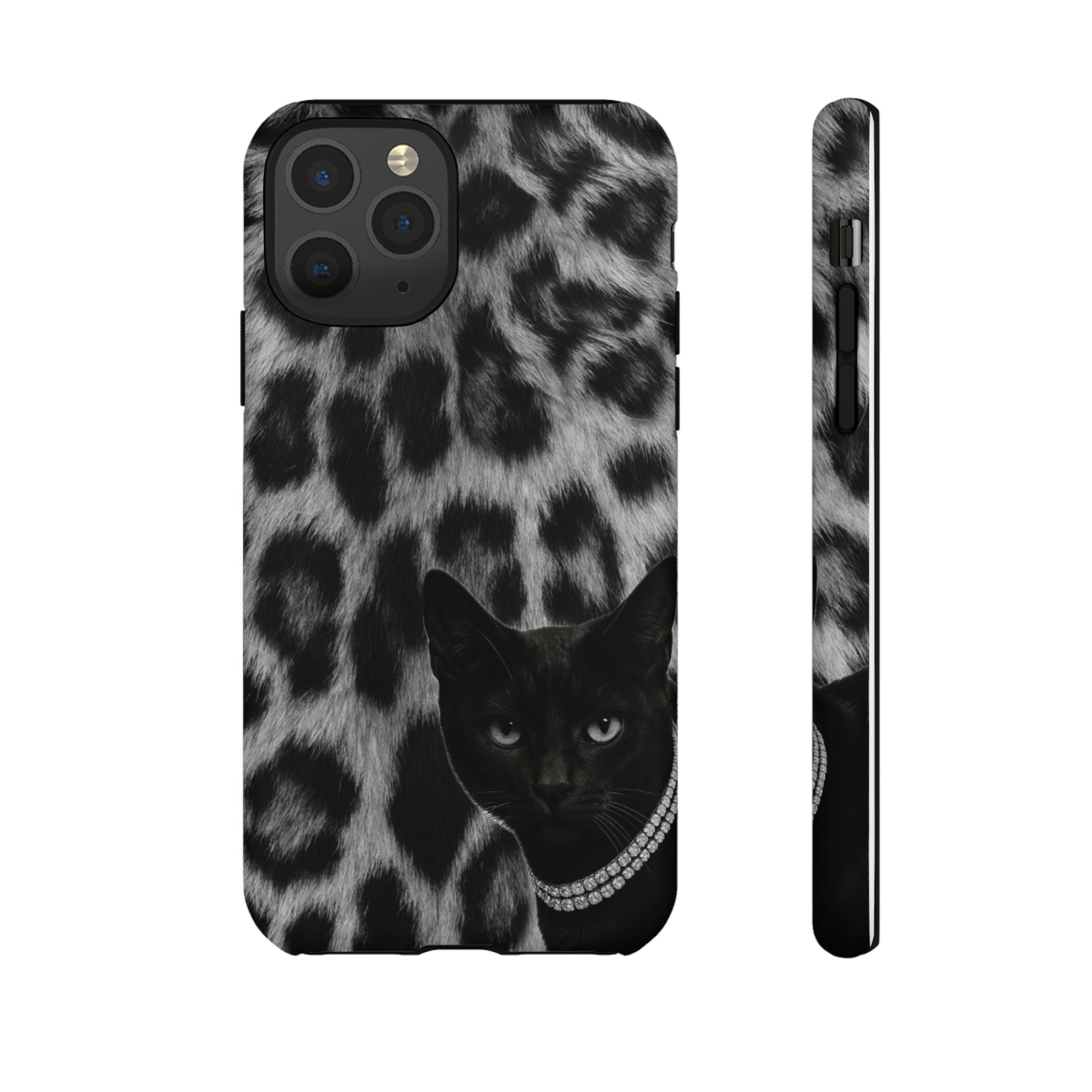 Cat Leopard Phone Case — Black Cat with Pearl Necklace, Chic Animal Print Protective Cover