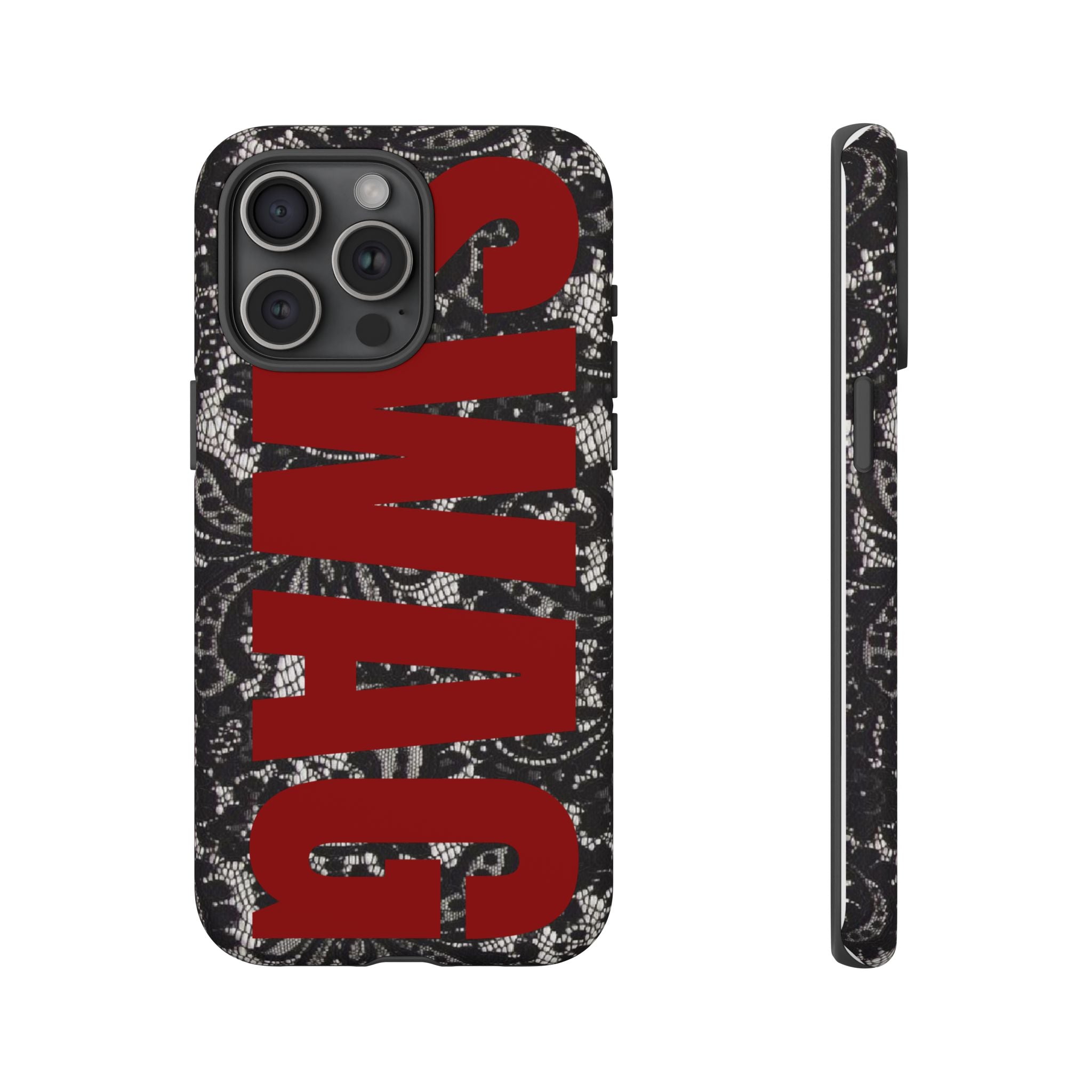 Phone Case — Black Lace Pattern with Bold Red SWAG Text