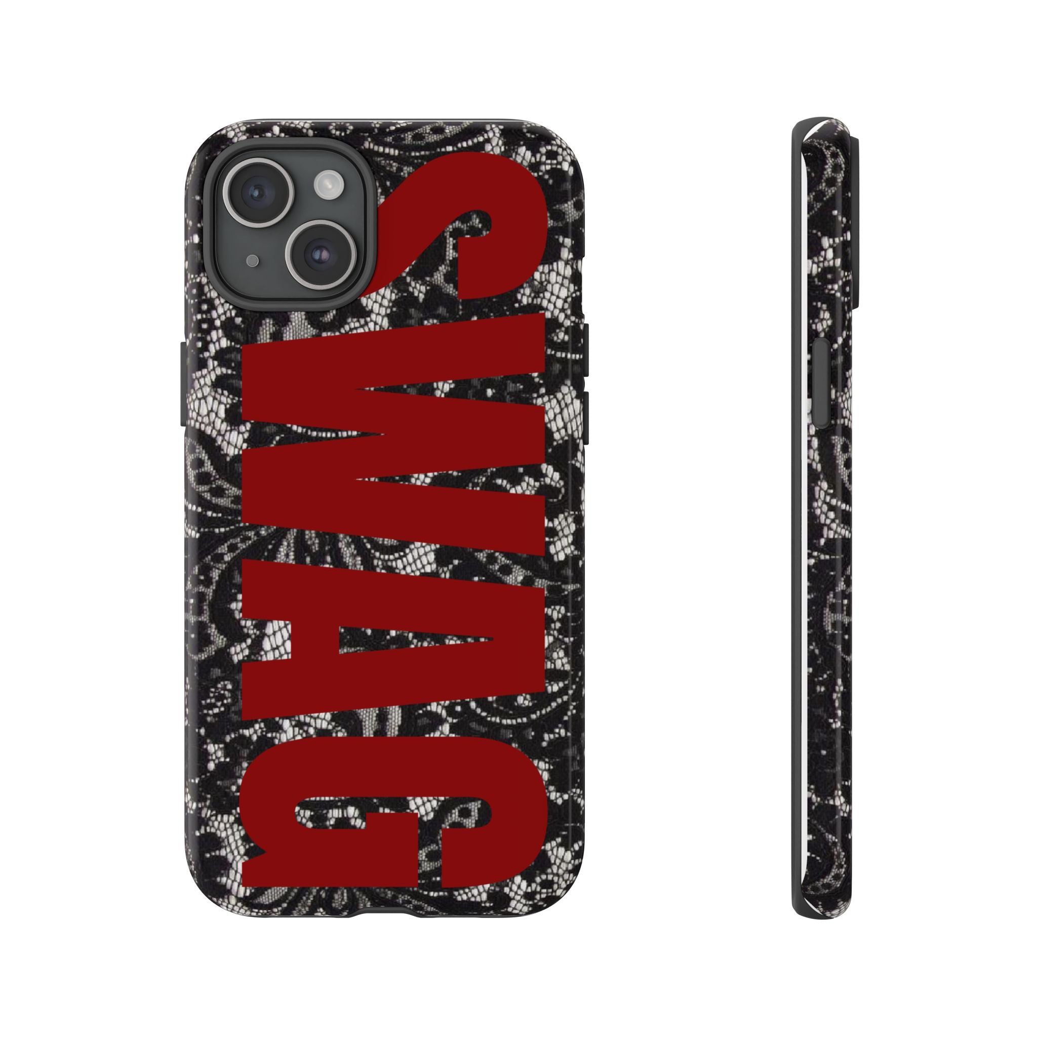 Phone Case — Black Lace Pattern with Bold Red SWAG Text