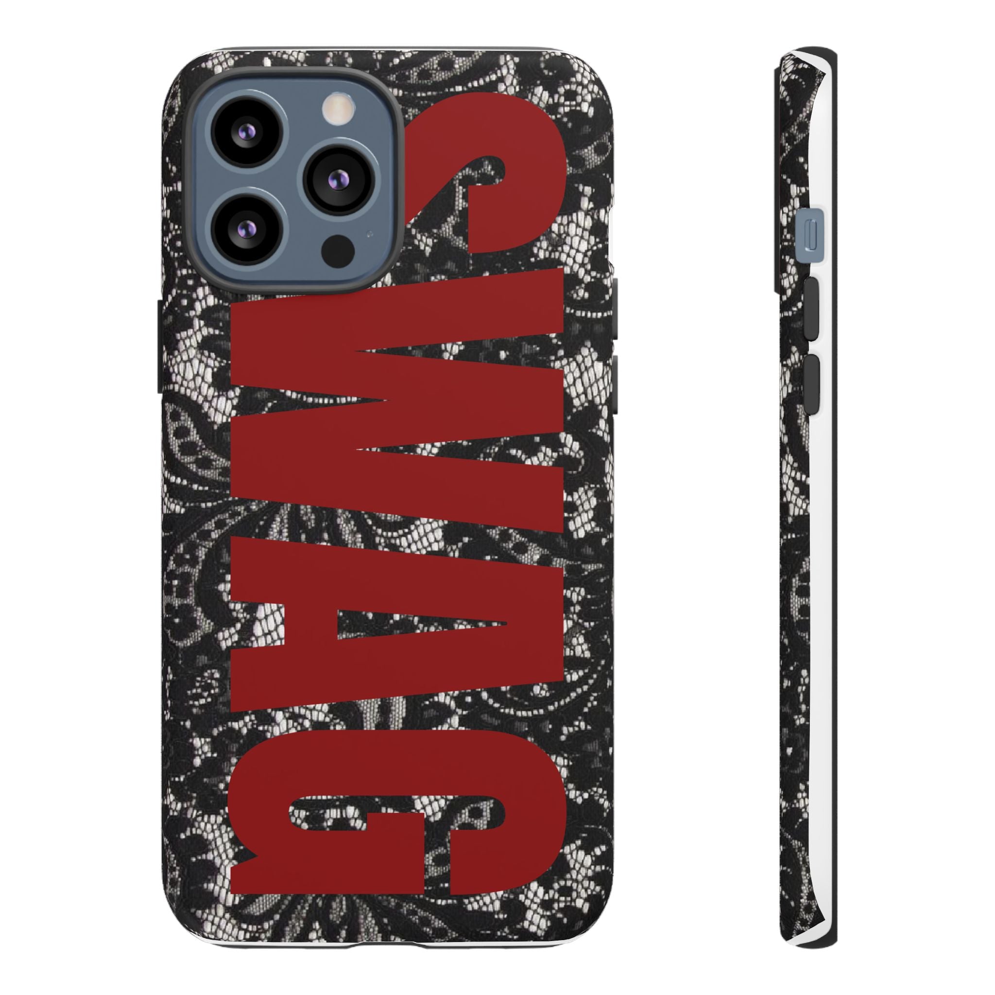 Phone Case — Black Lace Pattern with Bold Red SWAG Text