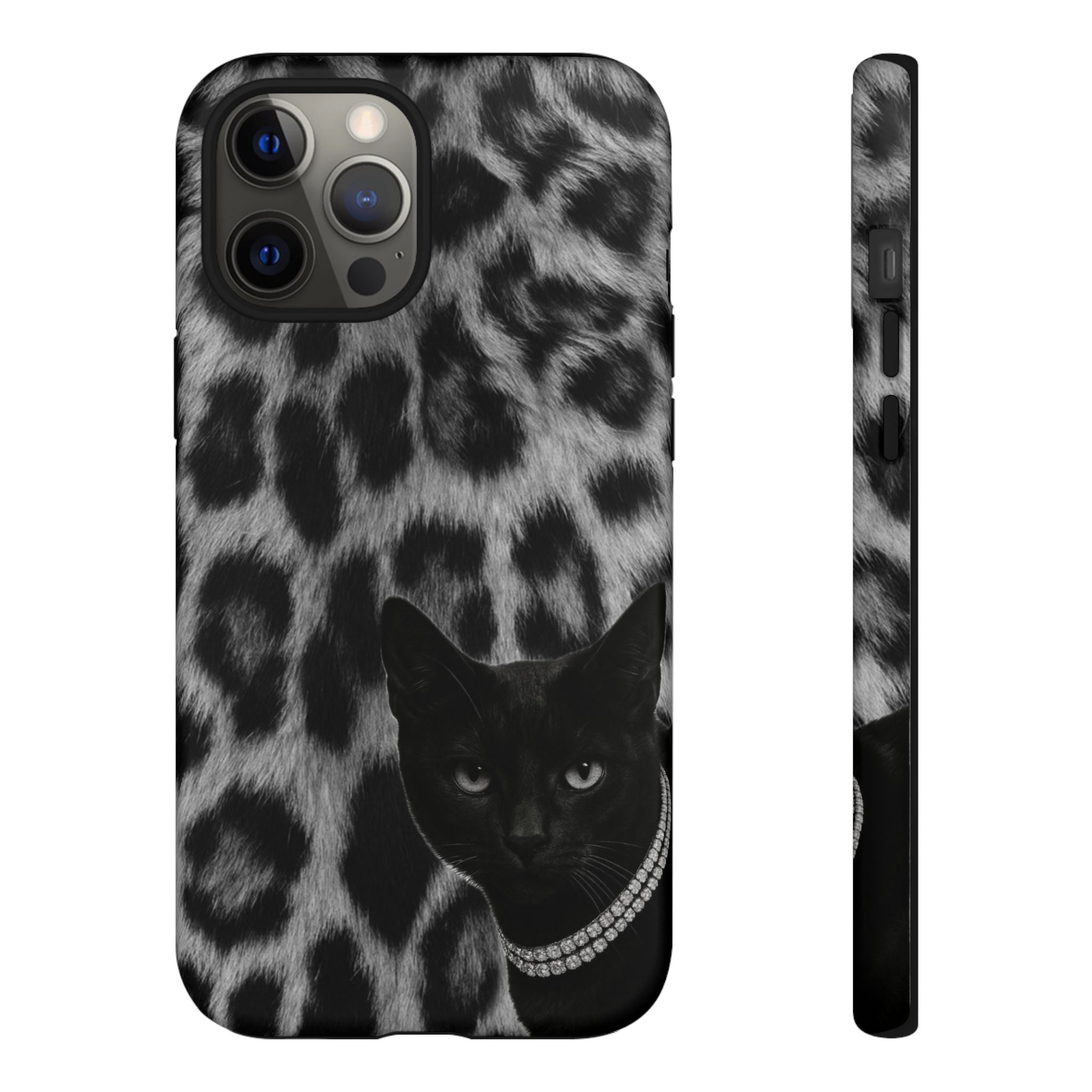 Cat Leopard Phone Case — Black Cat with Pearl Necklace, Chic Animal Print Protective Cover