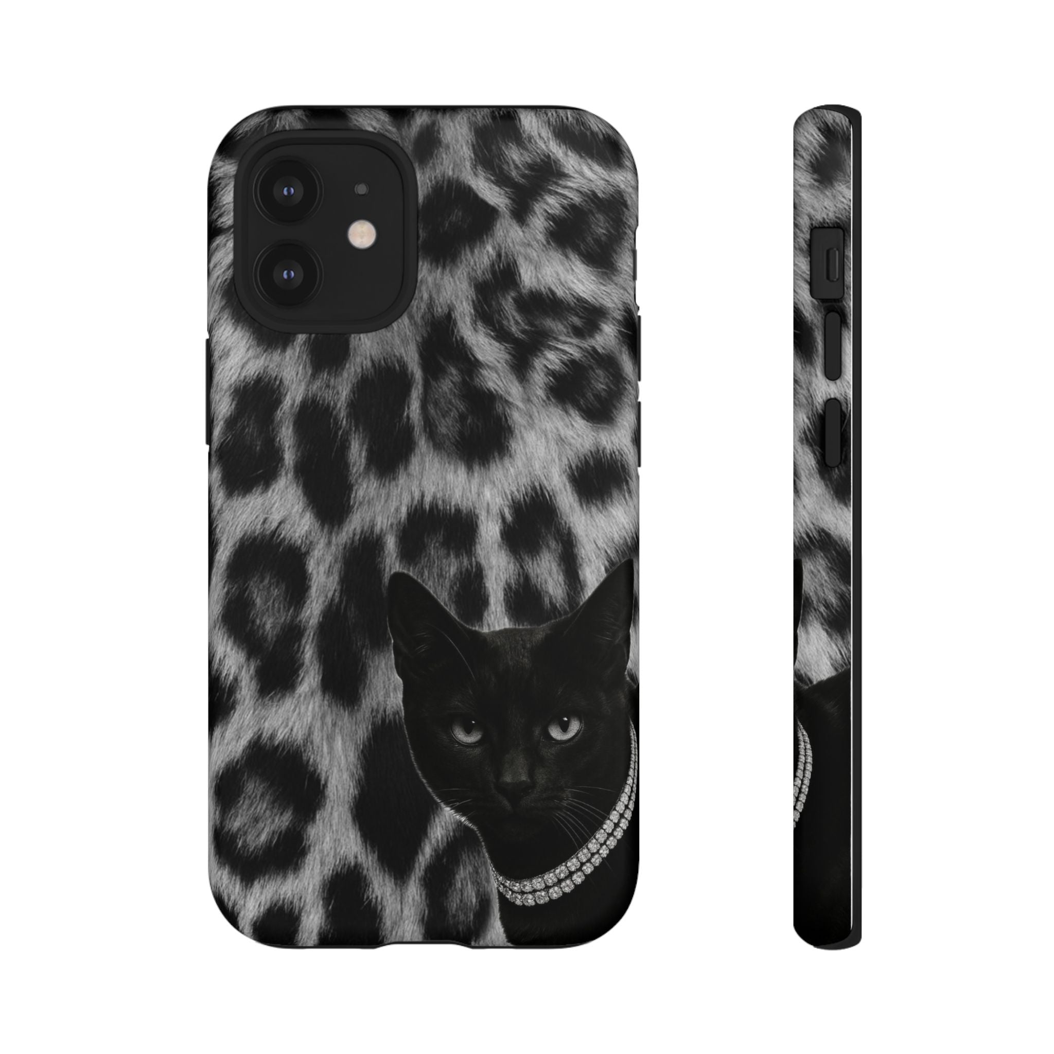 Cat Leopard Phone Case — Black Cat with Pearl Necklace, Chic Animal Print Protective Cover
