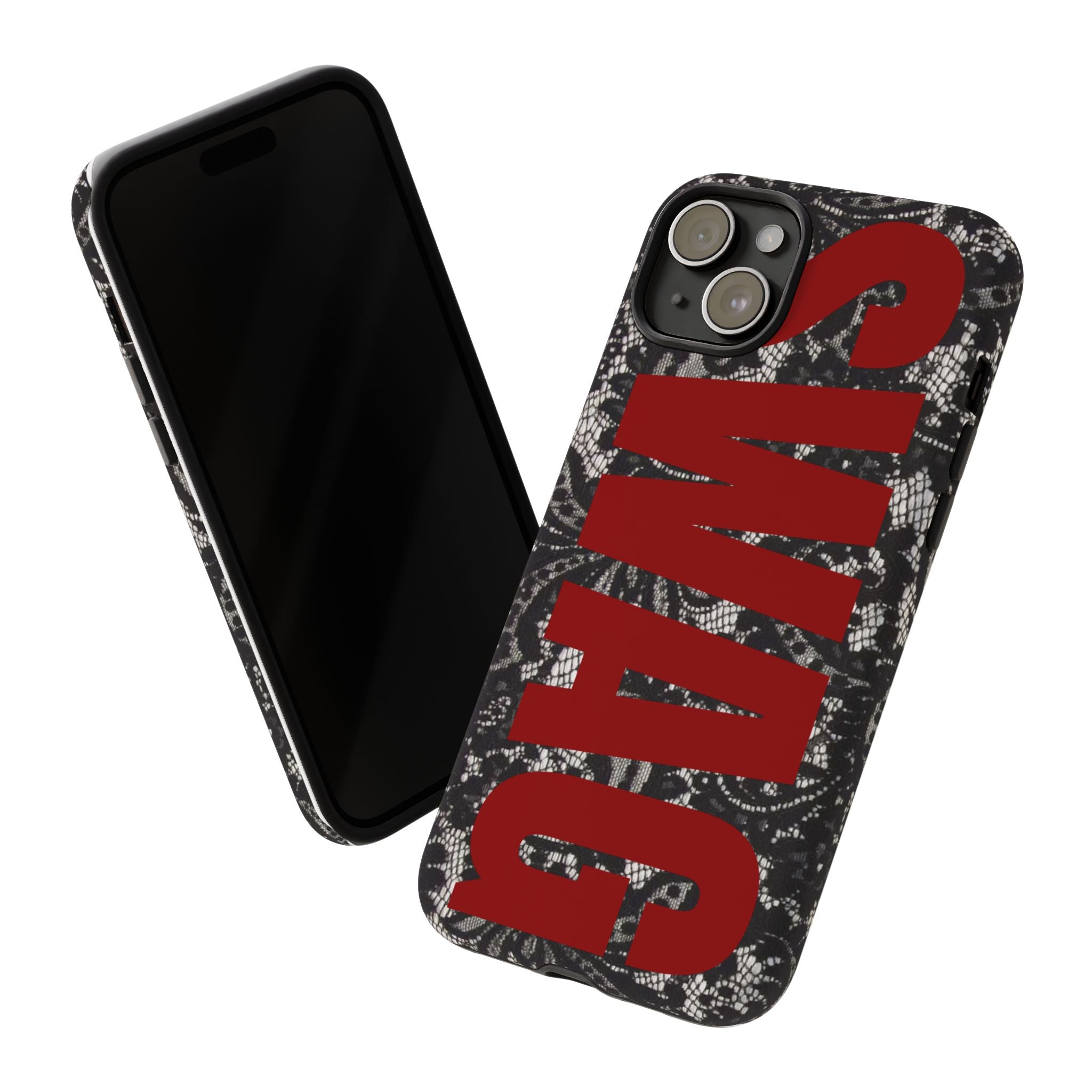 Phone Case — Black Lace Pattern with Bold Red SWAG Text