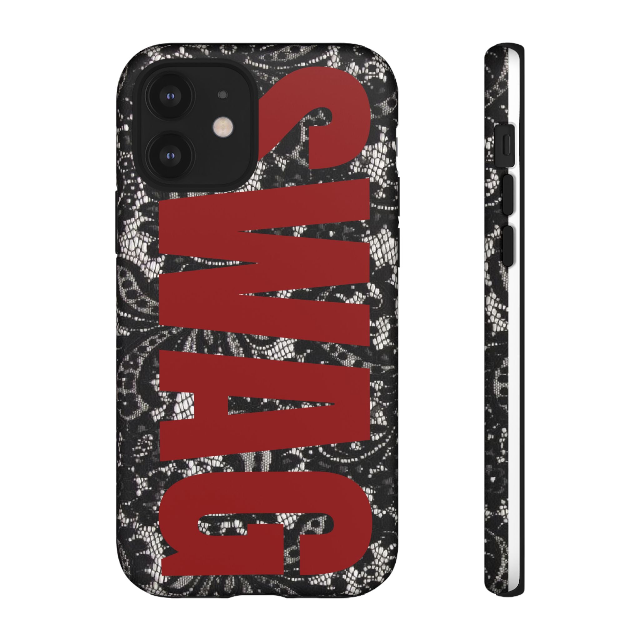 Phone Case — Black Lace Pattern with Bold Red SWAG Text