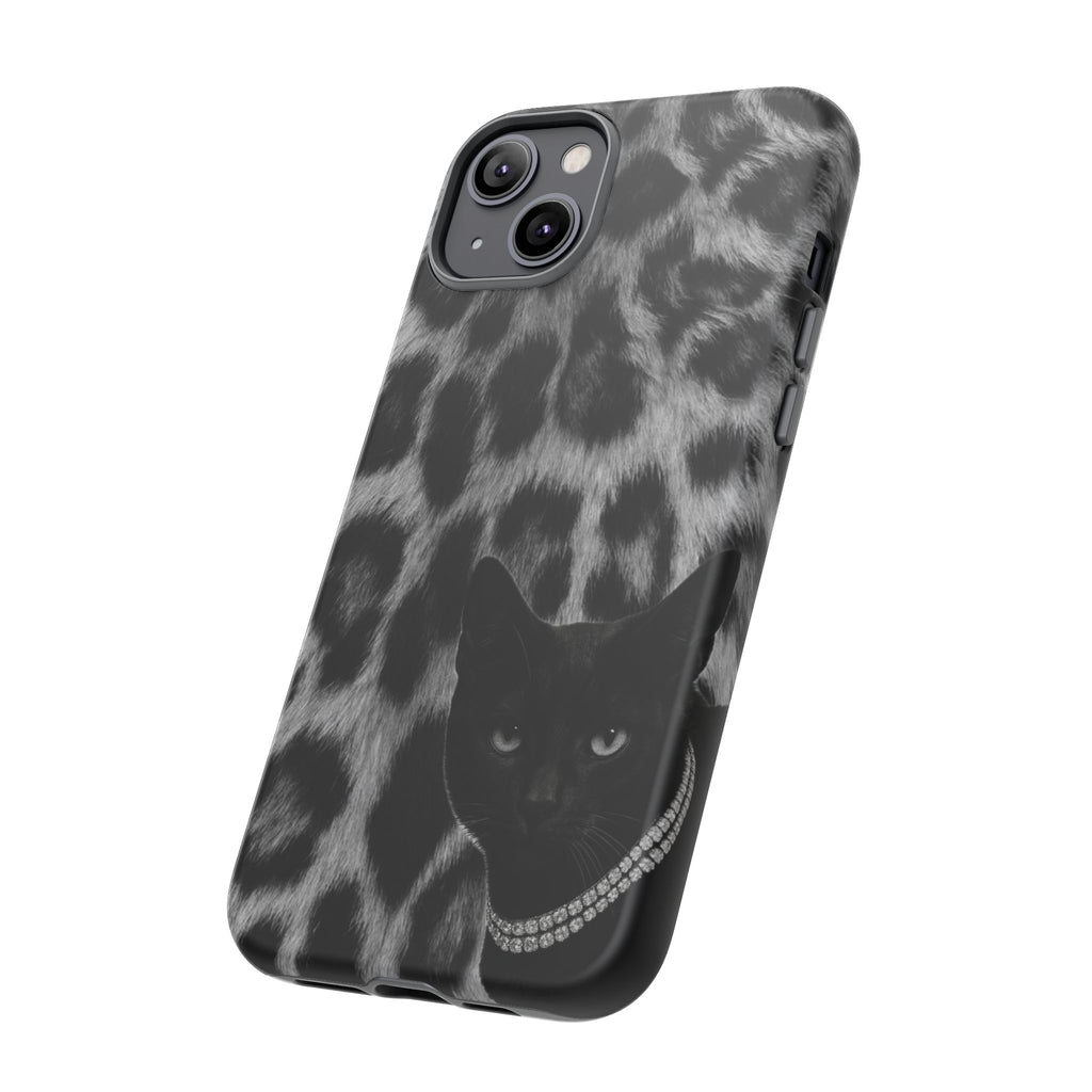Cat Leopard Phone Case — Black Cat with Pearl Necklace, Chic Animal Print Protective Cover