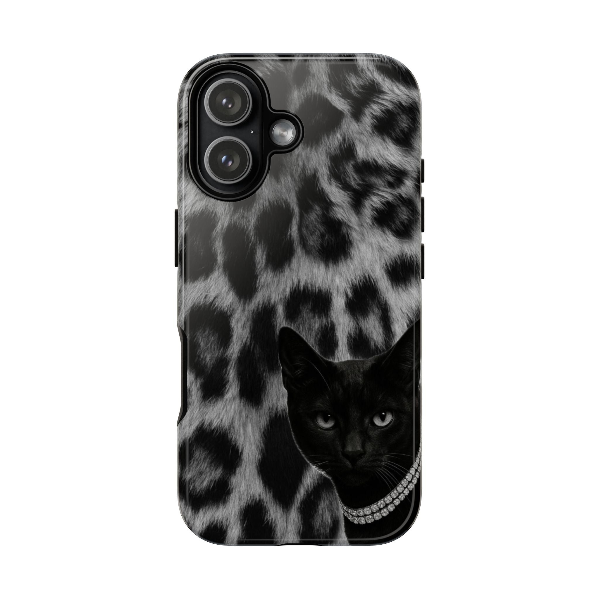 Cat Leopard Phone Case — Black Cat with Pearl Necklace, Chic Animal Print Protective Cover