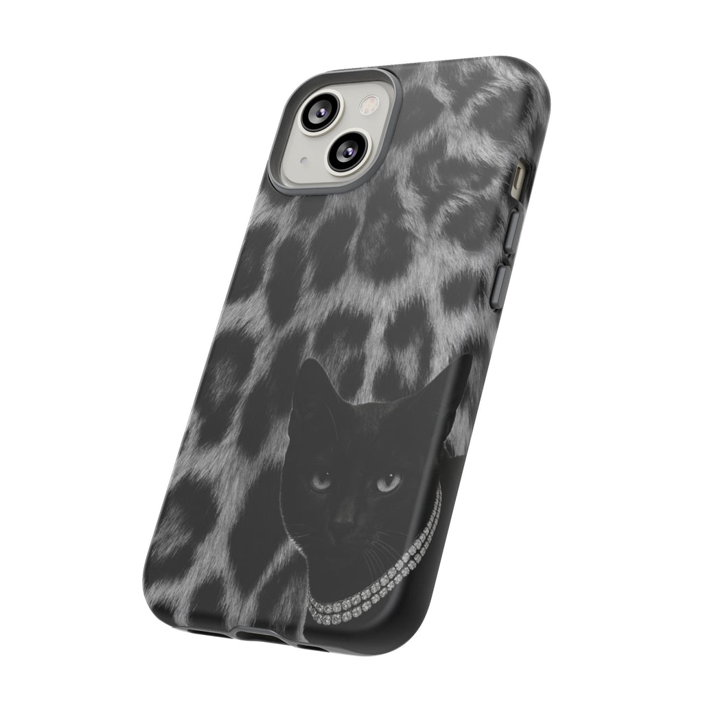Cat Leopard Phone Case — Black Cat with Pearl Necklace, Chic Animal Print Protective Cover