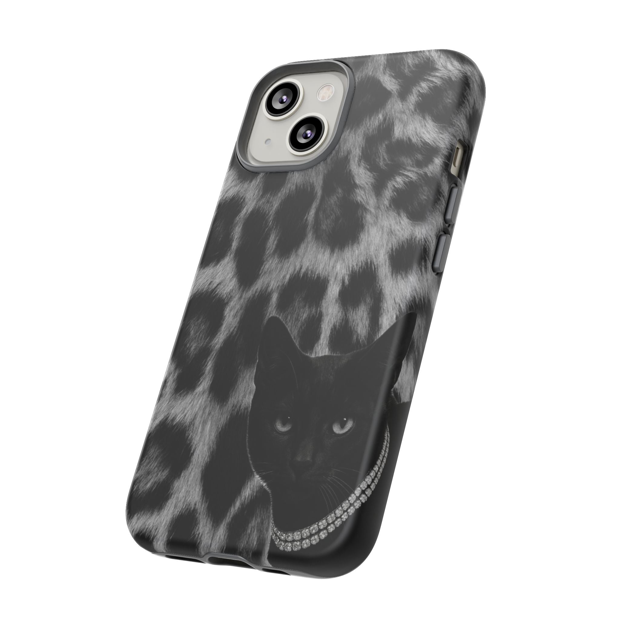 Cat Leopard Phone Case — Black Cat with Pearl Necklace, Chic Animal Print Protective Cover