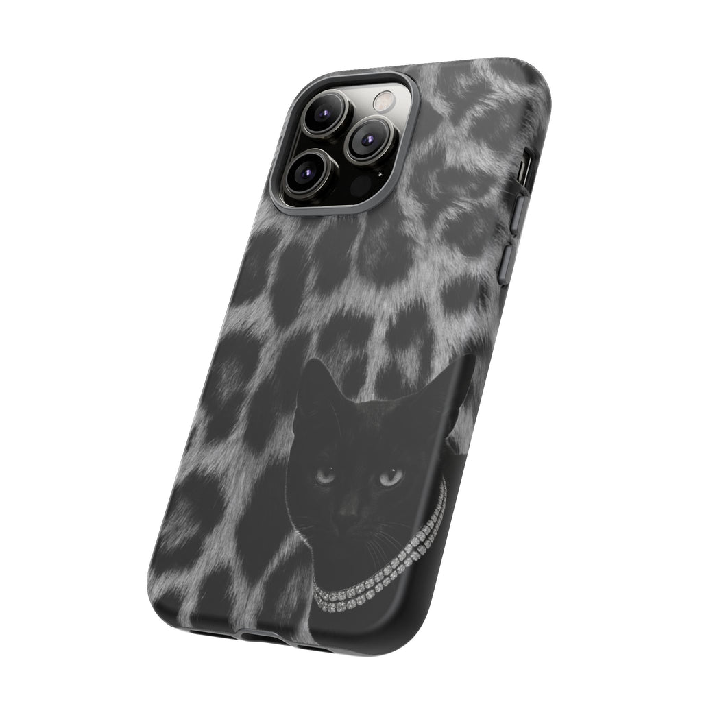 Cat Leopard Phone Case — Black Cat with Pearl Necklace, Chic Animal Print Protective Cover