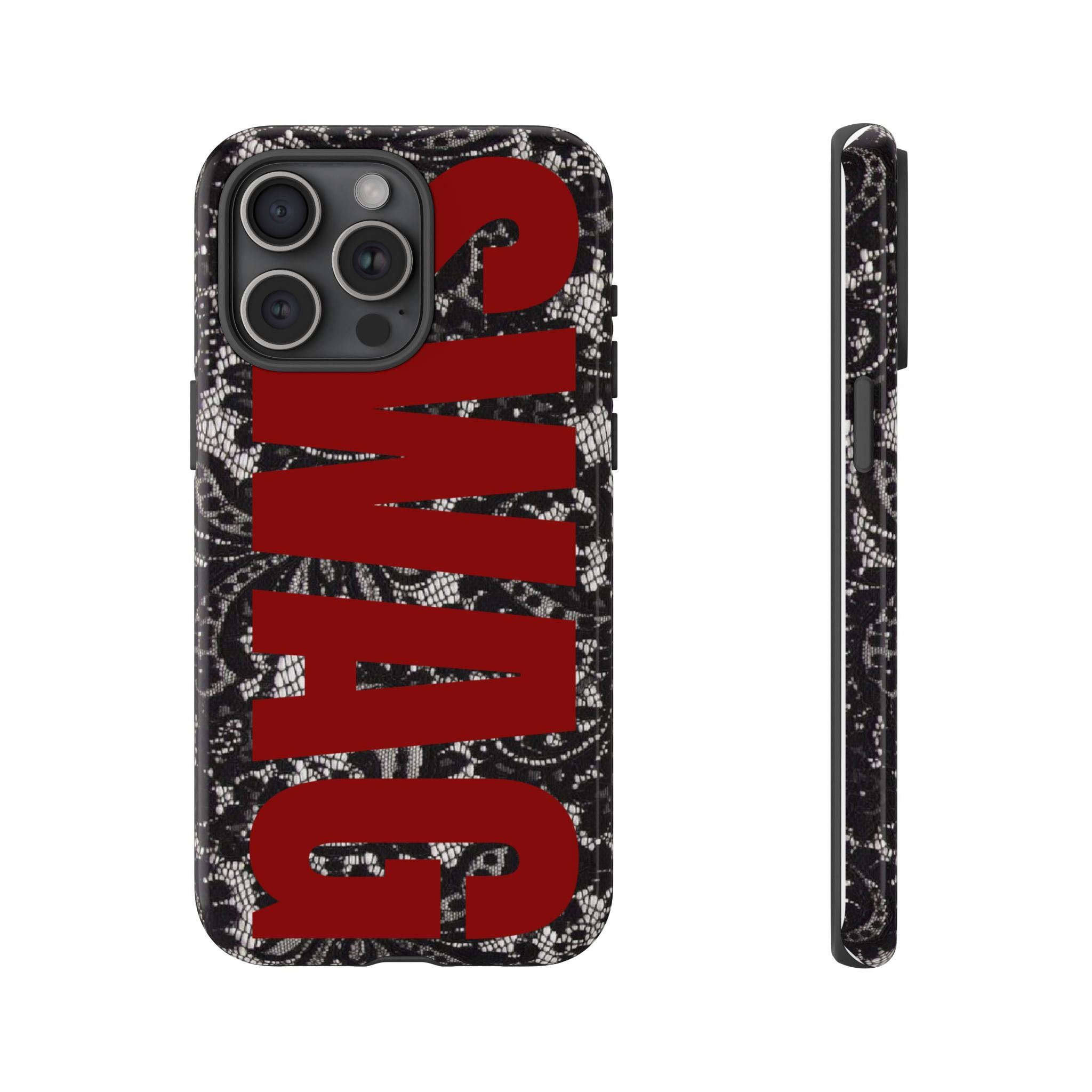 Phone Case — Black Lace Pattern with Bold Red SWAG Text
