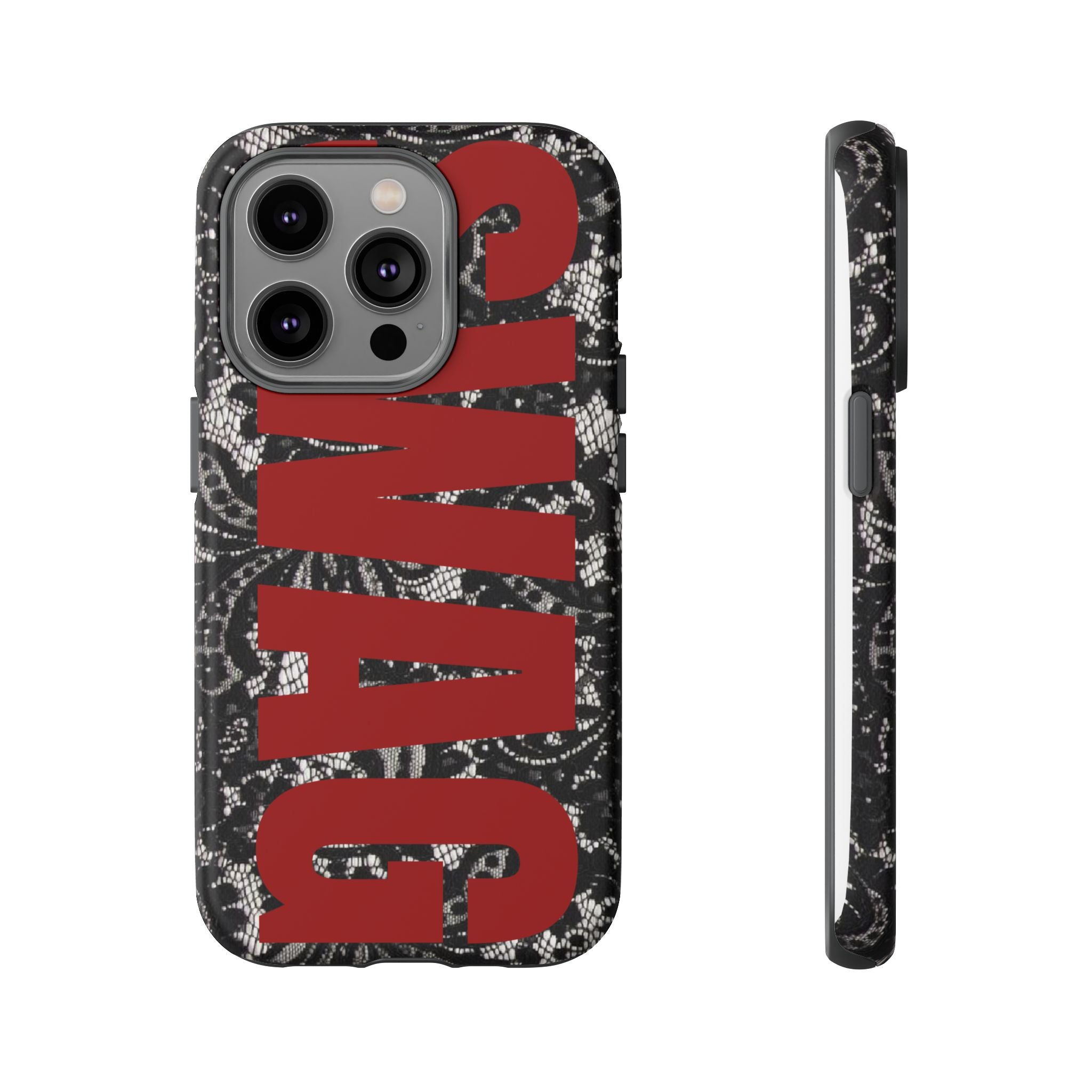 Phone Case — Black Lace Pattern with Bold Red SWAG Text
