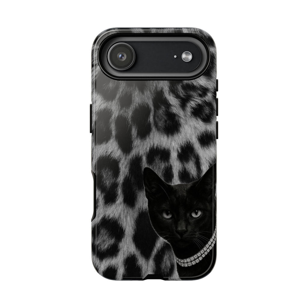 Cat Leopard Phone Case — Black Cat with Pearl Necklace, Chic Animal Print Protective Cover