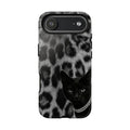Cat Leopard Phone Case — Black Cat with Pearl Necklace, Chic Animal Print Protective Cover