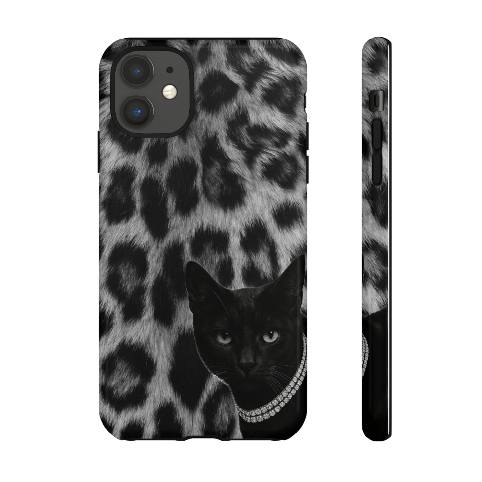 Cat Leopard Phone Case — Black Cat with Pearl Necklace, Chic Animal Print Protective Cover