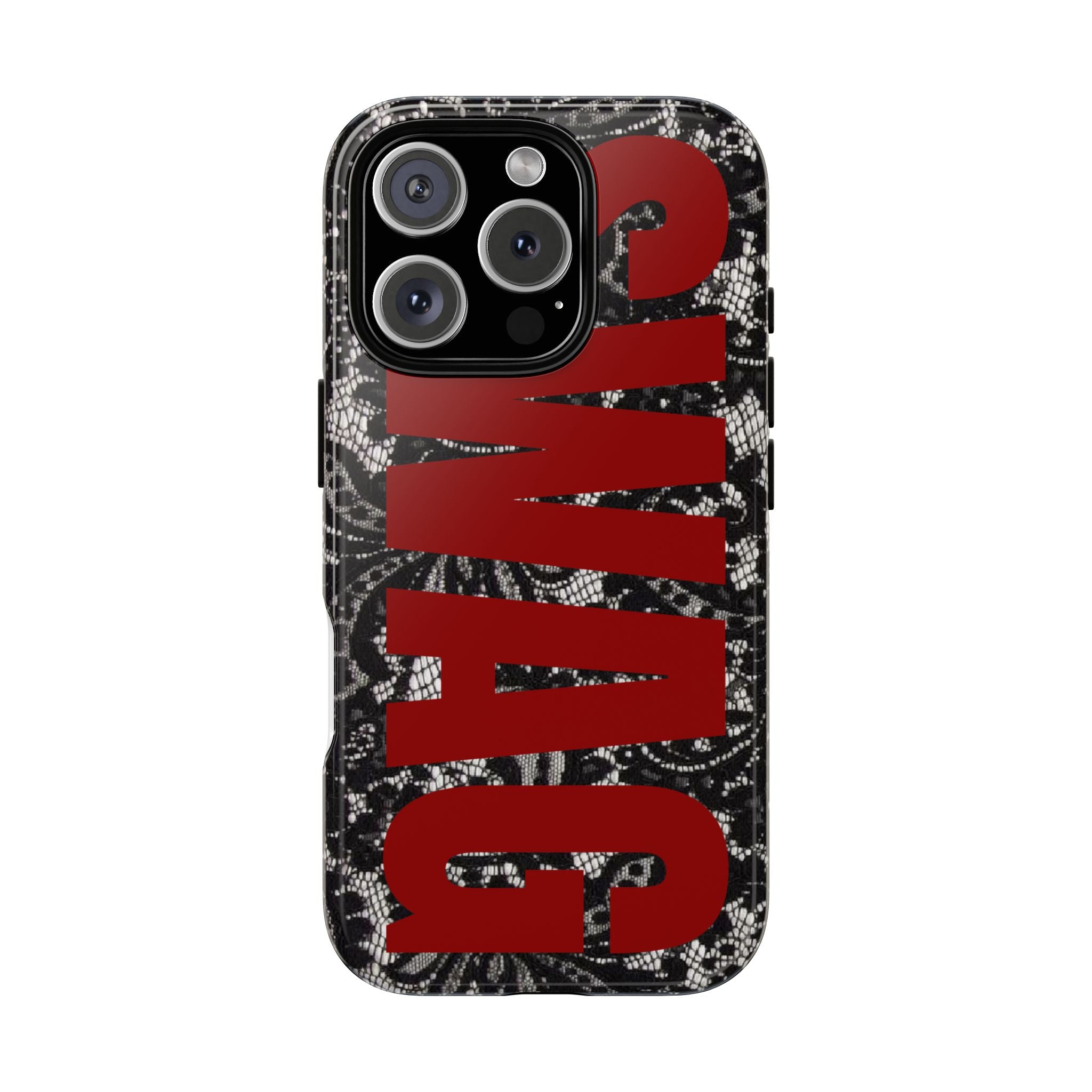 Phone Case — Black Lace Pattern with Bold Red SWAG Text