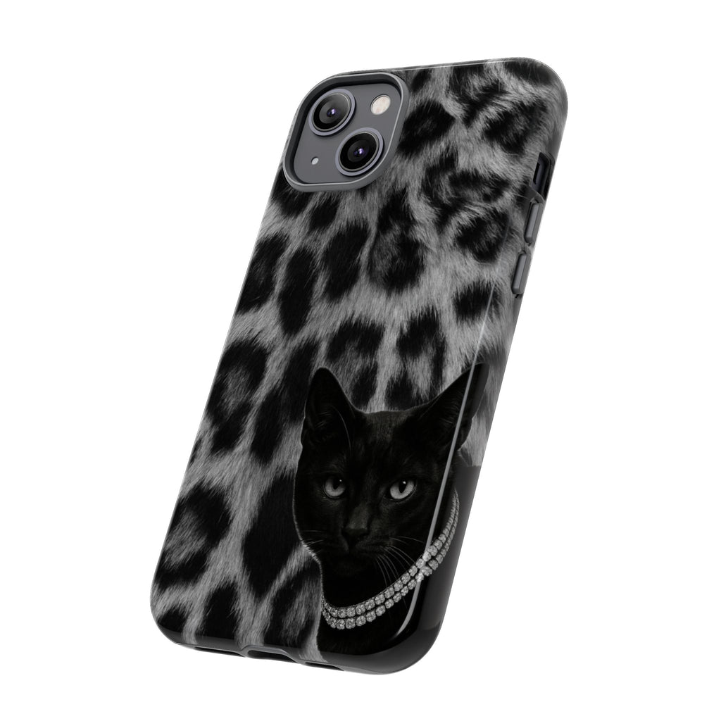 Cat Leopard Phone Case — Black Cat with Pearl Necklace, Chic Animal Print Protective Cover